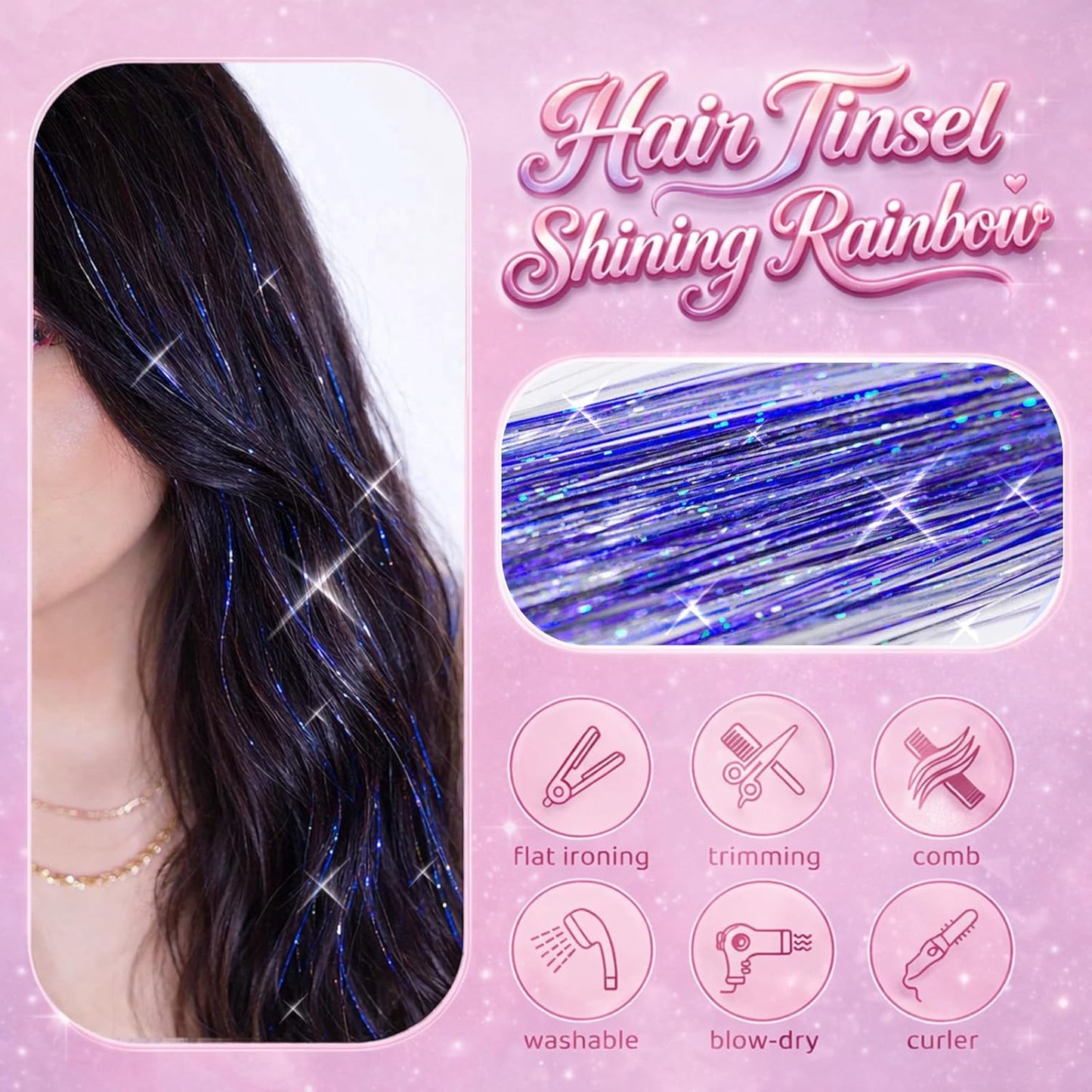 Blue Hair Tinsel - 8 Pcs Fairy Hair Tinsel Kit for Women | 48 Inch Glitter Hair Extensions for Parties & Festivals