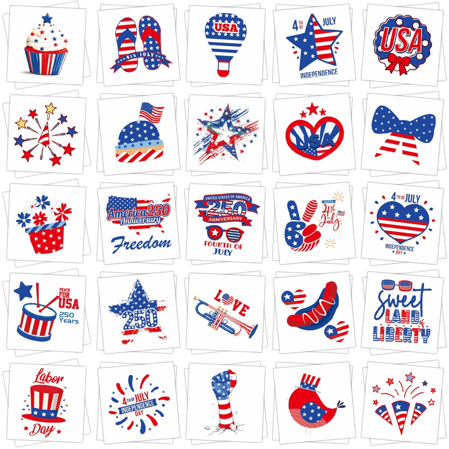 50Pcs 250th Independence Day Temporary Tattoos, Patriotic 4th of July Temporary Tattoos Stickers, Red White Blue Decorative Designs for Kids and Adults, Suitable for Parades and School Celebrations(C)