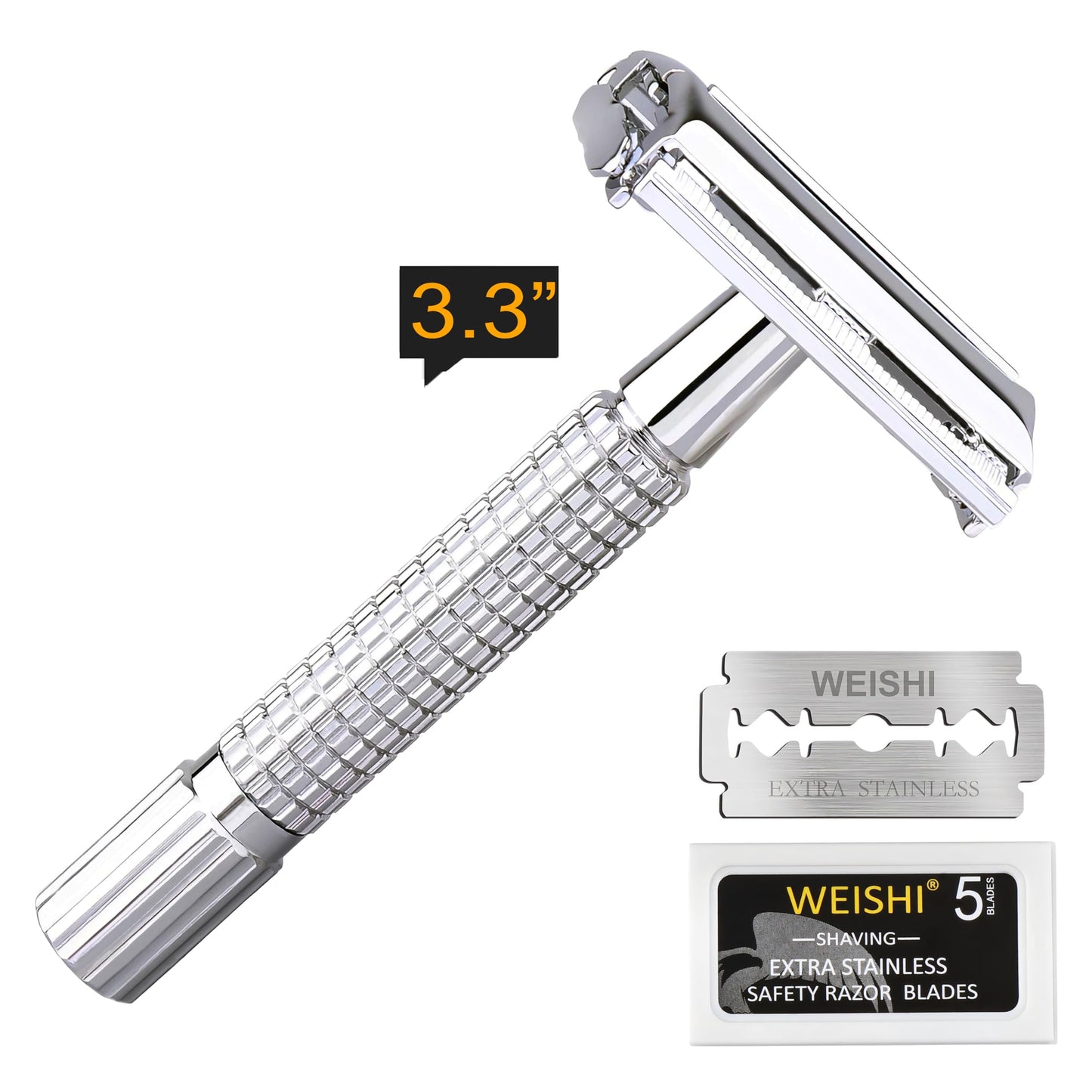 WEISHI Butterfly Open Double Edge Safety Razor for Men, Chrome Short Handle with 5 Stainless Razor Blades Included, Reusable Wet Shave Tool for Smooth, Close Shave