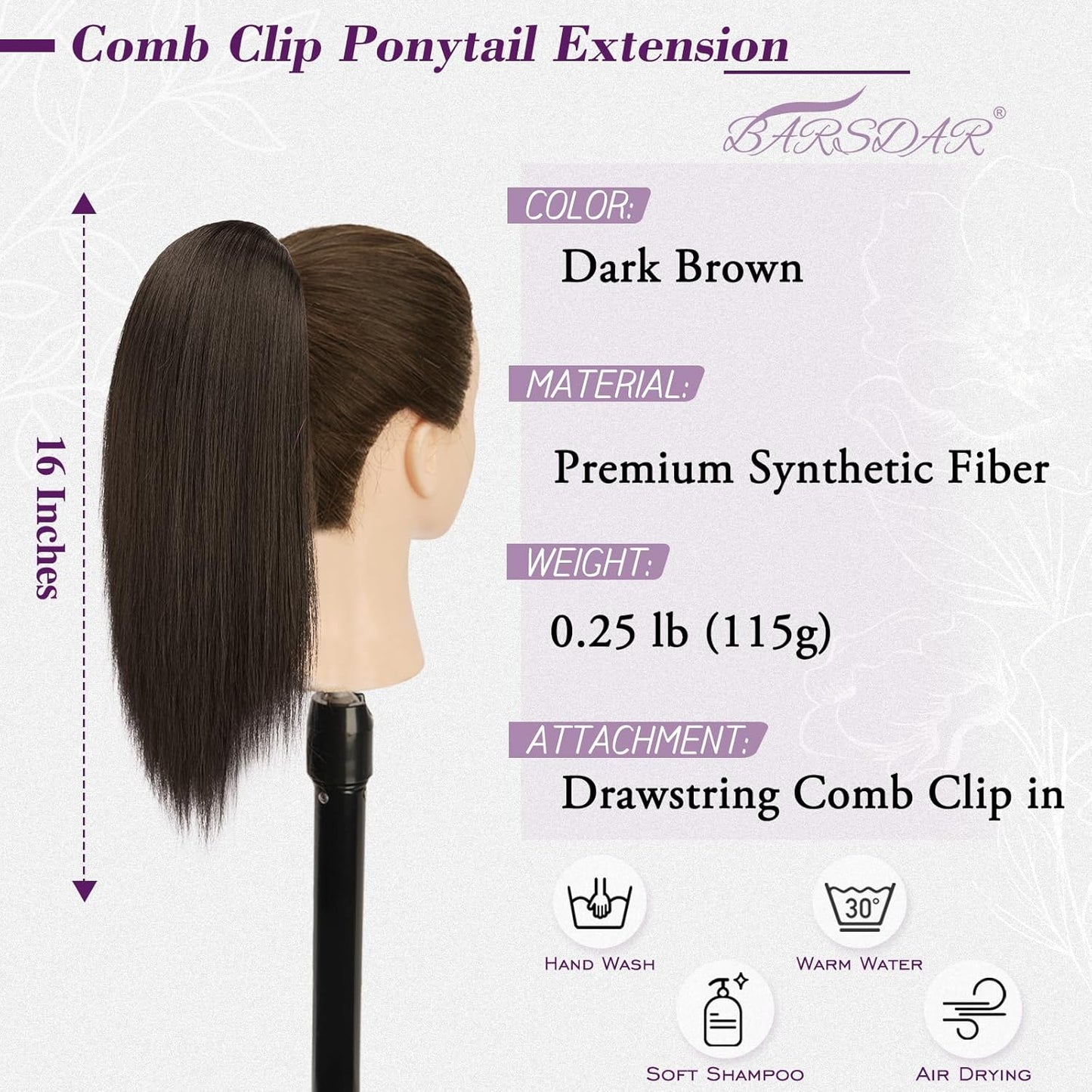 Dark Brown Straight Ponytail Extension - 16 Inch Soft Synthetic Drawstring Hairpiece for Daily Wear & Cheer Events