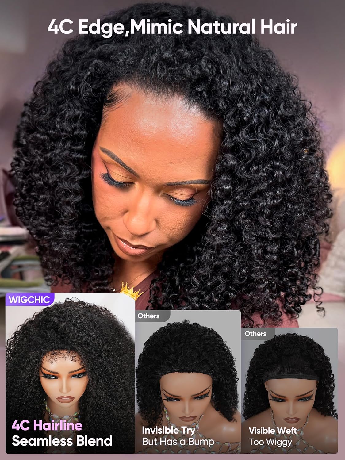 Kinky Curly Half Wig - Virgin Human Hair 1B | Glueless Drawstring | 22" True Length for Active Wear
