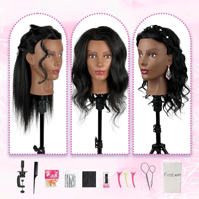 Human Hair Mannequin Head - 100% Real Hair Cosmetology Doll for Hair Styling | 16" Jet Black with Clamp Stand & Tools