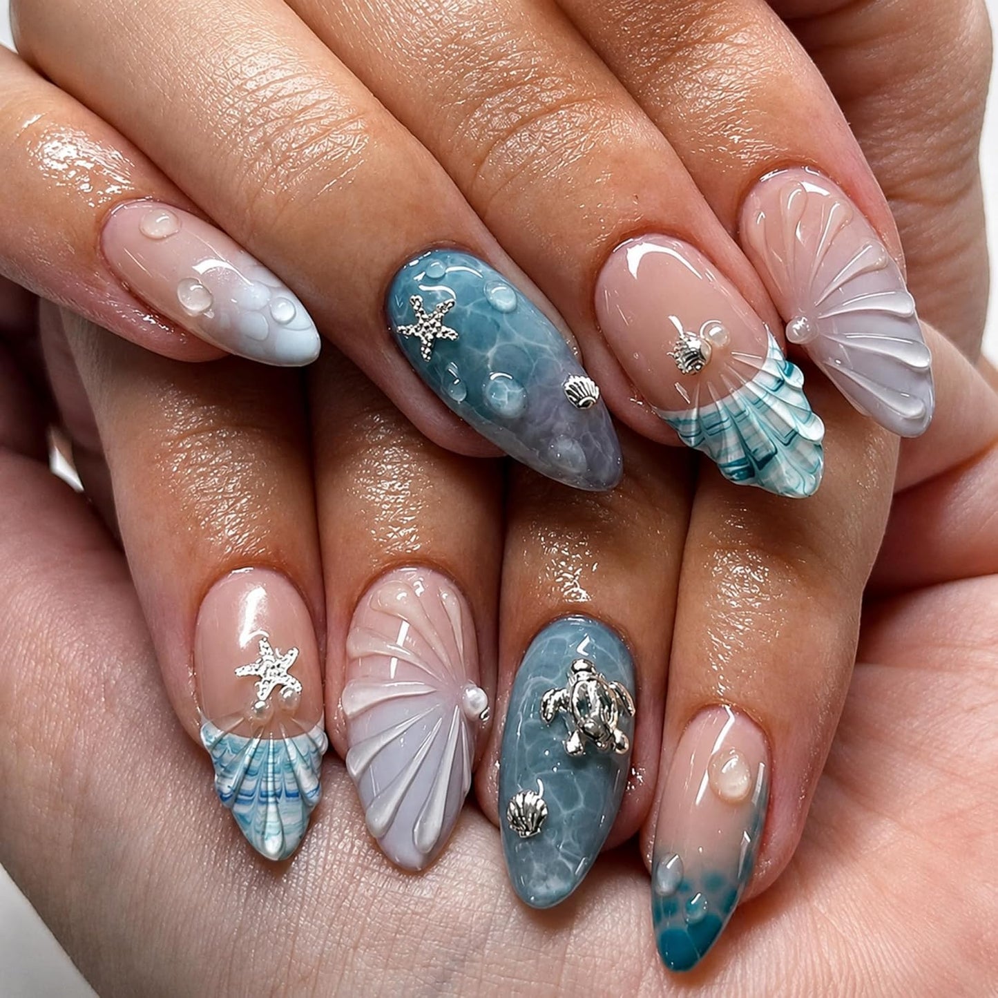 Almond Press-On Nails - Ombre French Tip with Butterfly Designs | 24 Pcs Set for Women