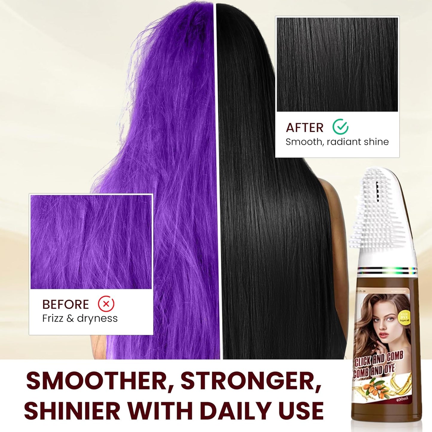 Hair Dye Comb System - Natural Herbal Formula Black Color Cream Shampoo | 400ml for Long-Lasting Results