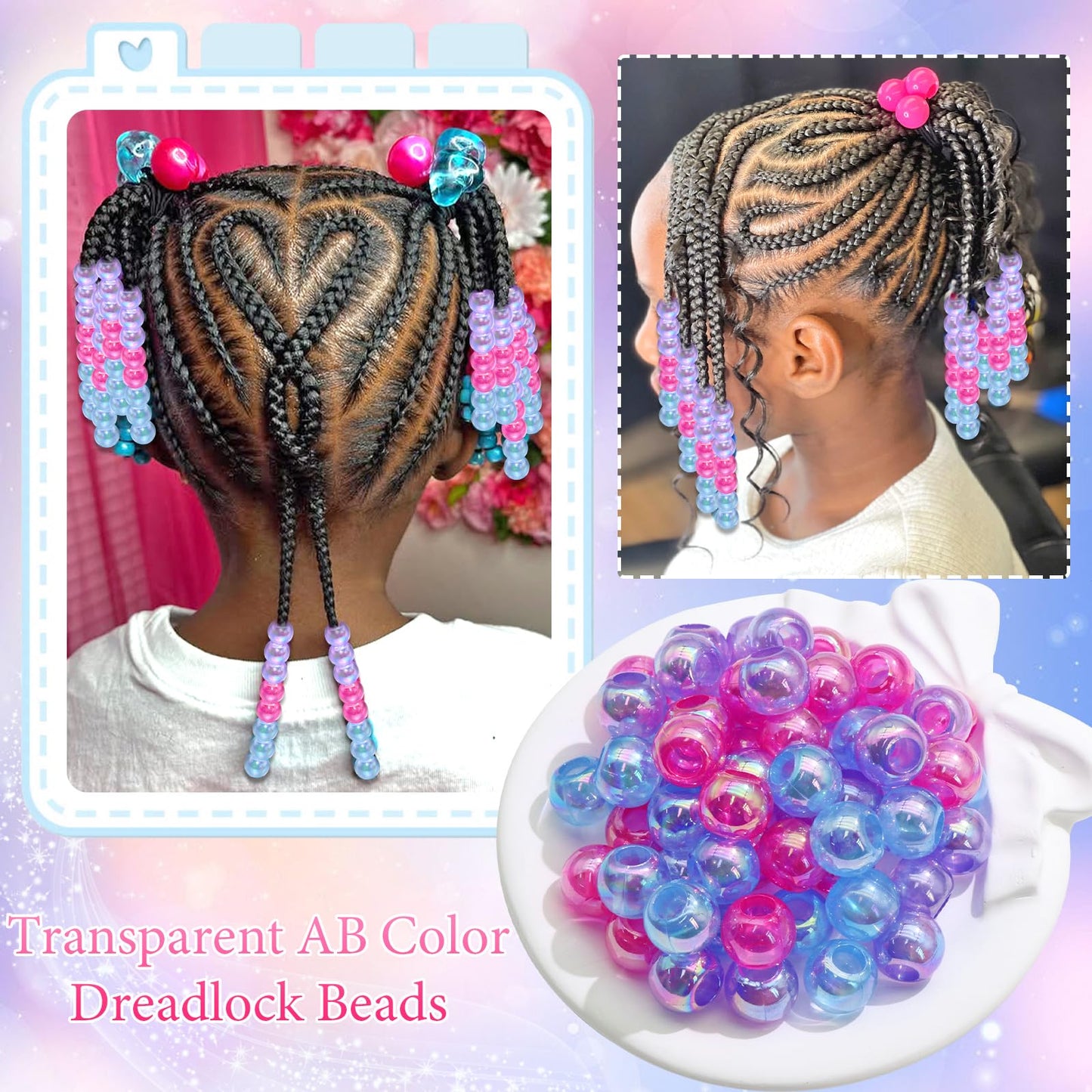 VENOFEN 60PCS AB Hair Beads Spacer Round Braids Bead with Large Hole Blue&Purple&Pink Pony Bead Loc Dreadlock Jewelry Kids Girls Hair Decoration Accessories