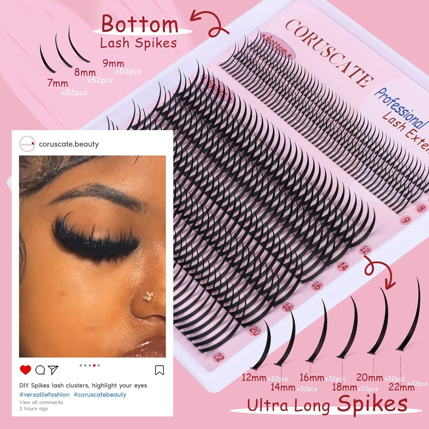 Lash Clusters with Spikes - Ultra Long 12-22mm Eyelash Extensions for Manga & Spiky Looks | DIY Multi-Eye Styles