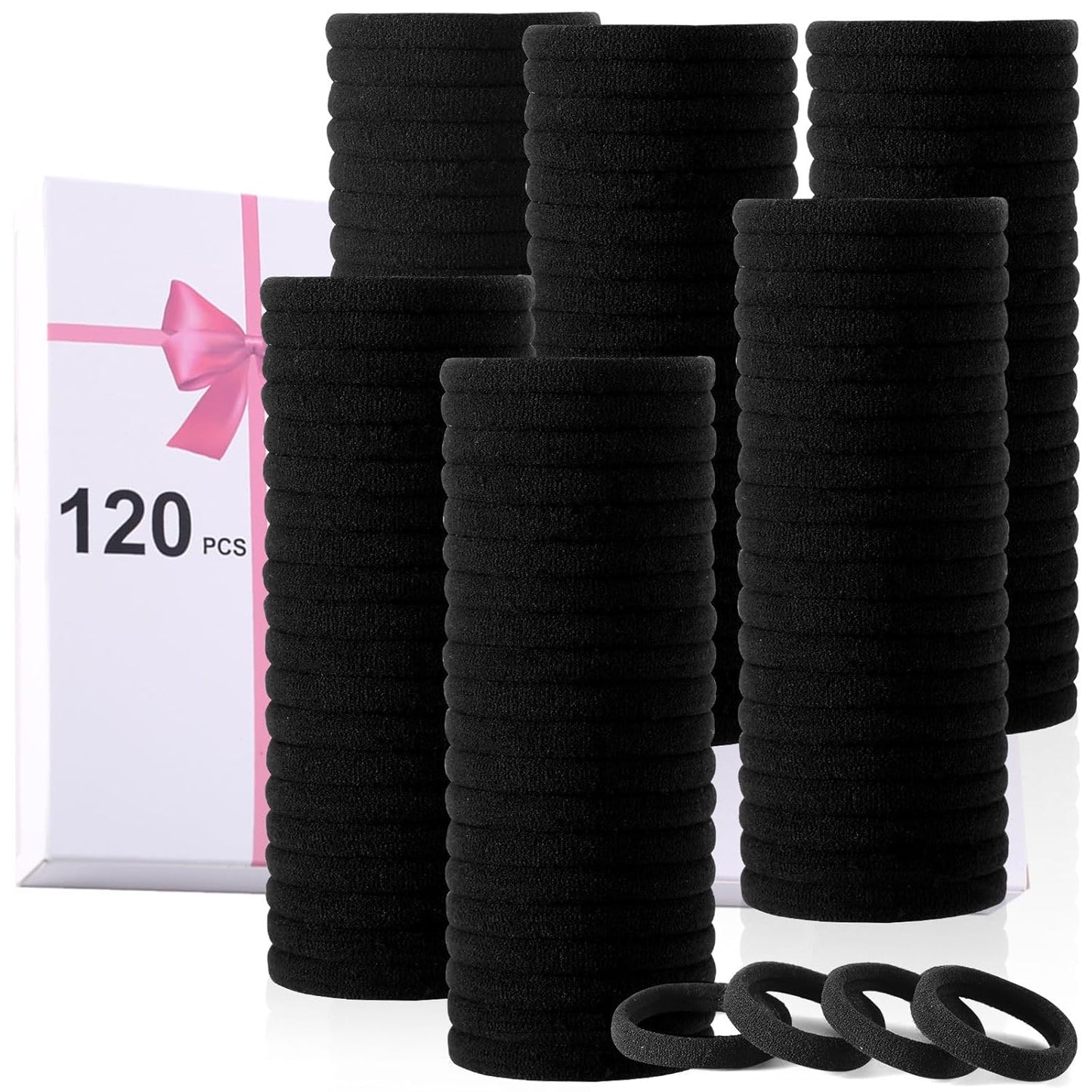 120PCS Black Hair Ties for Thick Hair - Seamless No Damage Elastic Ponytail Holders | Bulk Nylon Hair Bands for Women