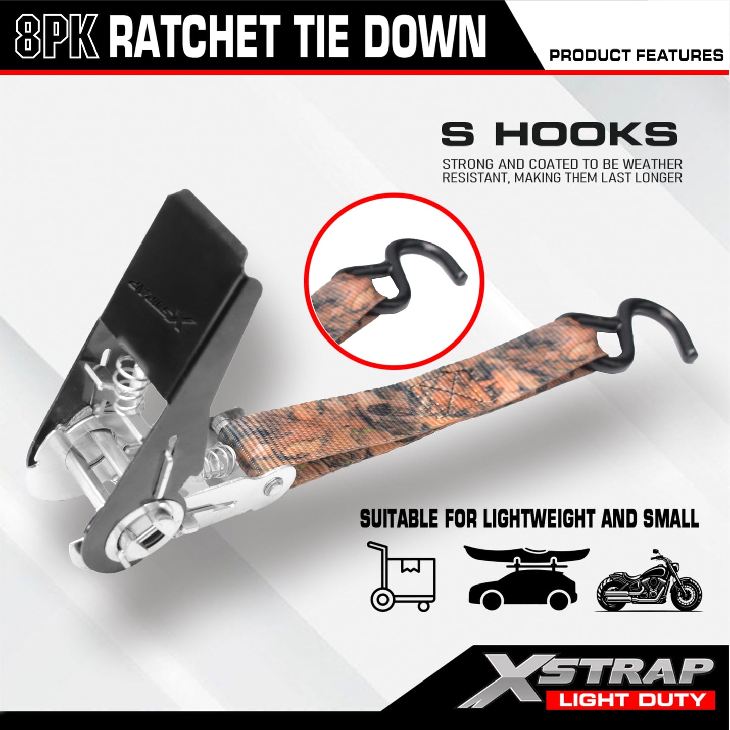 XSTRAP STANDARD Ratchet Tie Down Straps - 8PK - 1'' x 10 ft - 900 LB Break Strength Cargo Straps for Moving Appliances, Lawn Equipment, Motorcycle (Camouflage2)