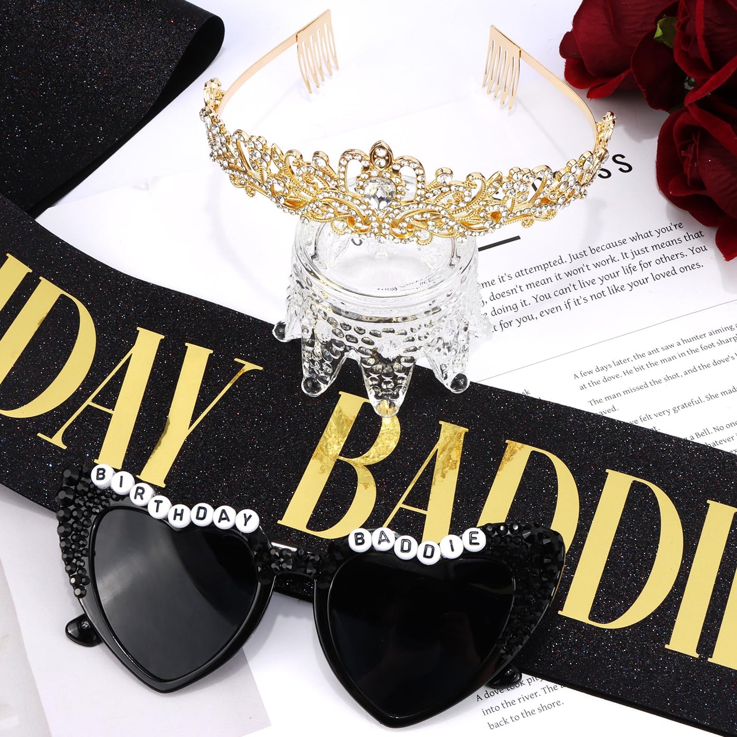 KICOSY 3PCS Birthday Baddie Sash, Crystal Crown and Sunglasses Funny Baddie Outfits Birthday Party Accessories