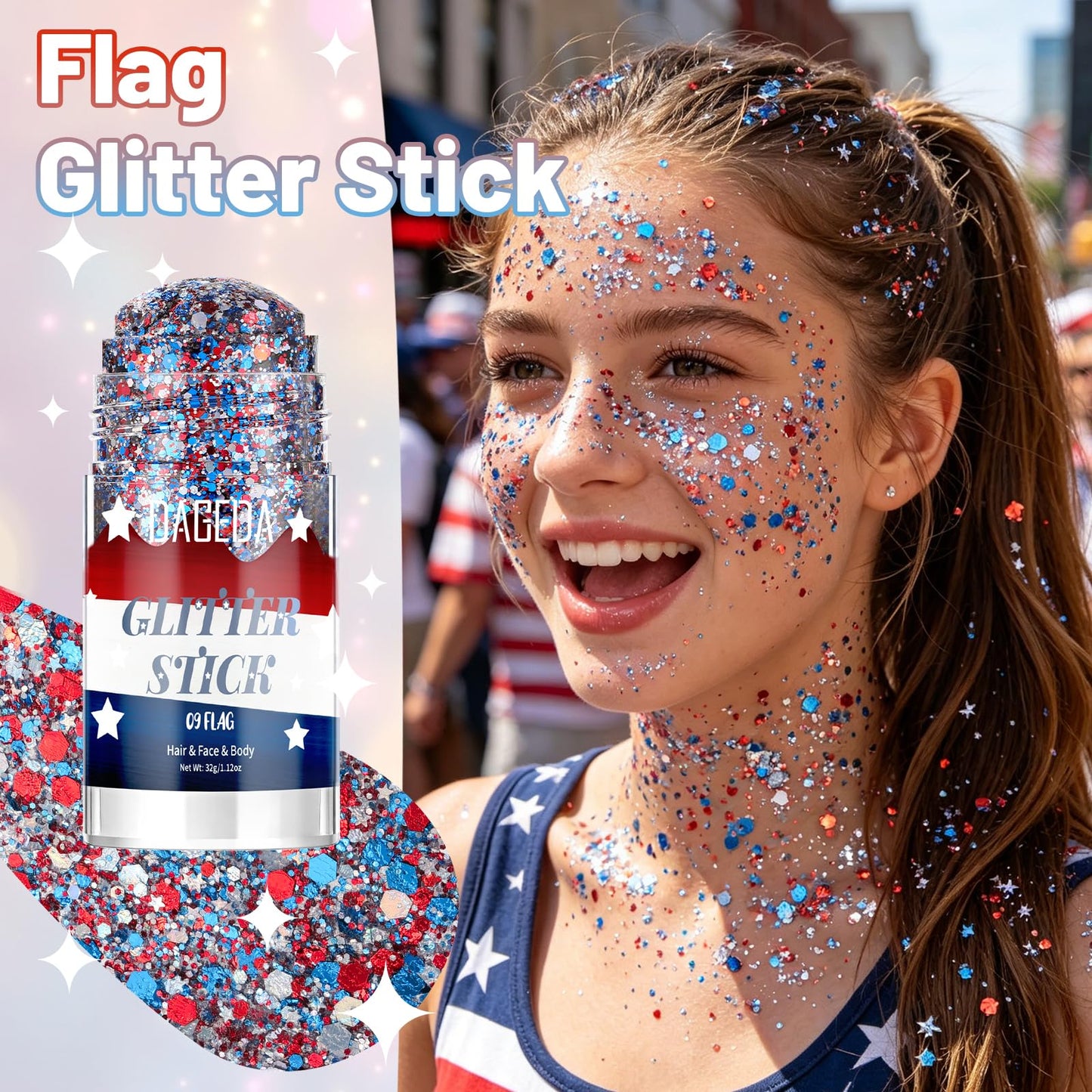 DAGEDA Red White Blue Body Glitter Stick,4th of July Accessories Hair Face Glitter Makeup for Women,Sparkle Patriotic Glitters Face Paint Stick,Memorial Day Fourth of July Outfits for Girls 1.12 oz