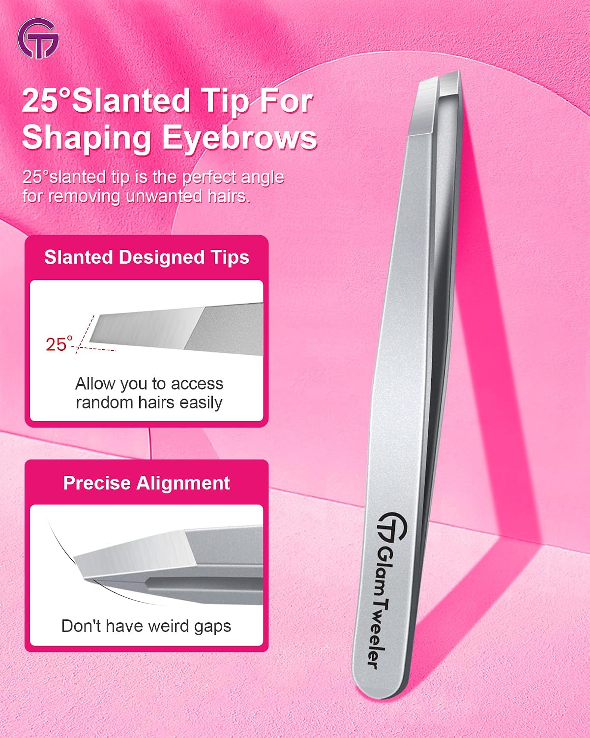 Expert Slant Tip Tweezers - Precision Stainless Steel for Eyebrow & Facial Hair Removal | Includes Leather Case (Silver)