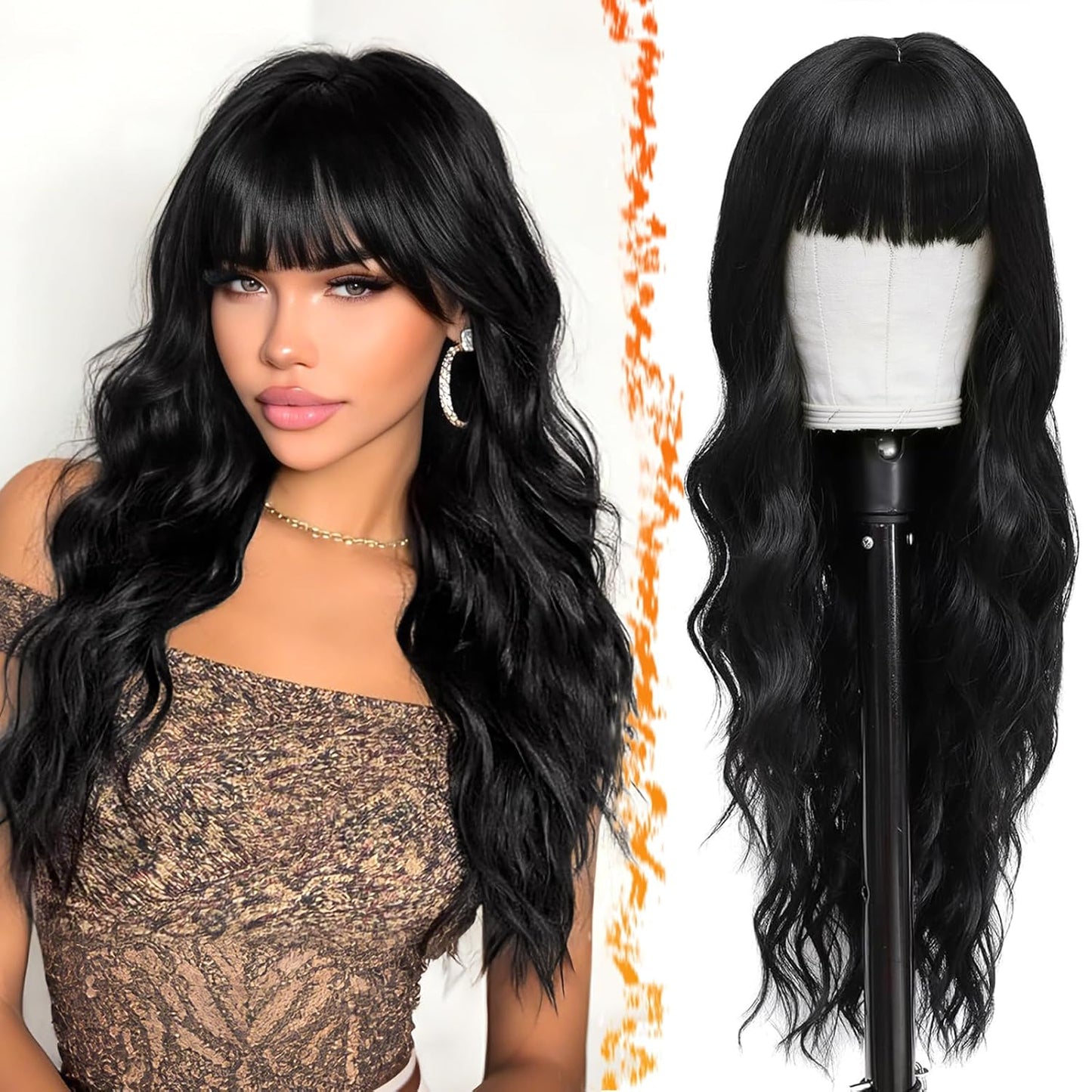 Long Wavy Blonde Curtain Bangs Wig - 26" Synthetic Ombre Wig with Dark Roots | Soft Natural Look