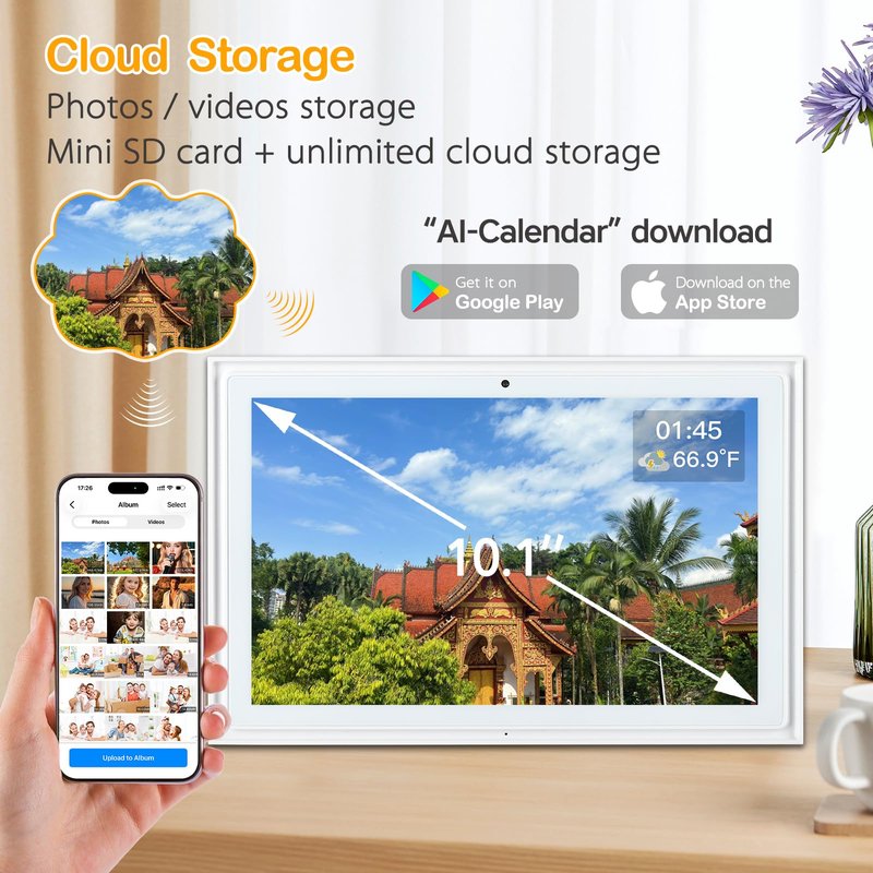 USIN 10.1" Smart Digital Calendar Wall Touch Screen, Wi-Fi Sync, Family Duty Chore Charts, Meal Planner, to Do List, Smart home organizer, No Subscription Fee, Built-in 5MP Camera for Video Calls, Interactive Electronic Digital Photo Frame, Desk stand & W