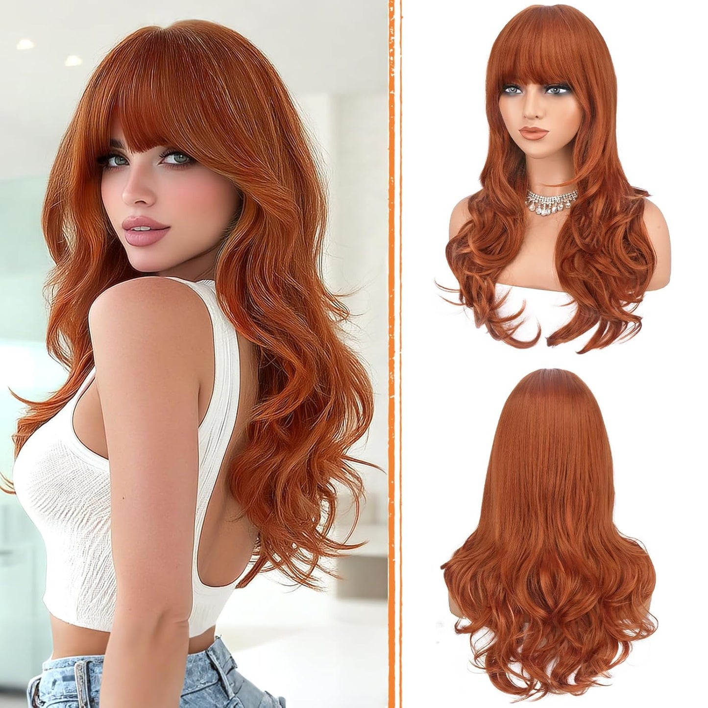 Pink Wigs with Bangs - Long Wavy Layered Synthetic Hair Wig | Natural-Looking, Heat Resistant, 24 Inch