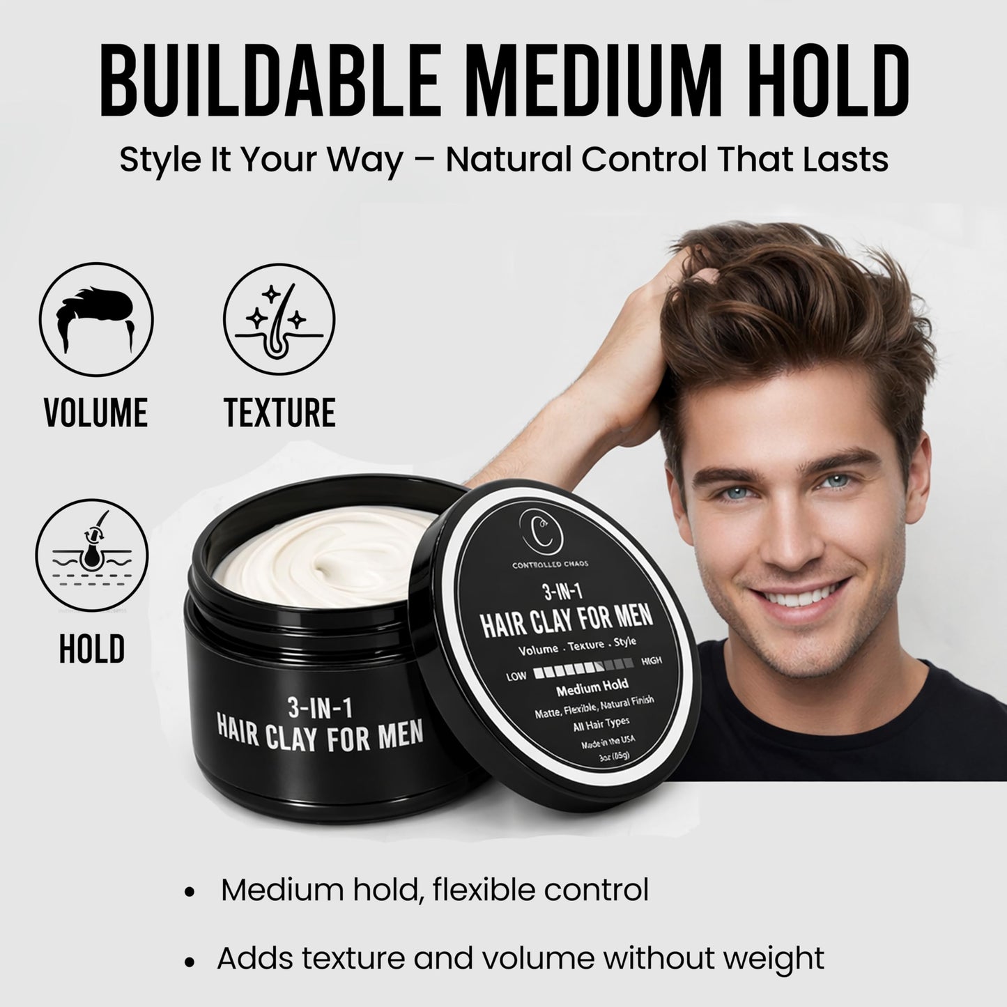 Controlled Chaos 3-in-1 Hair Clay for Men 3 oz – Medium Hold, Matte Finish Styling Mens Hair Clay for Natural Volume, Texture & Everyday Control – Made In USA