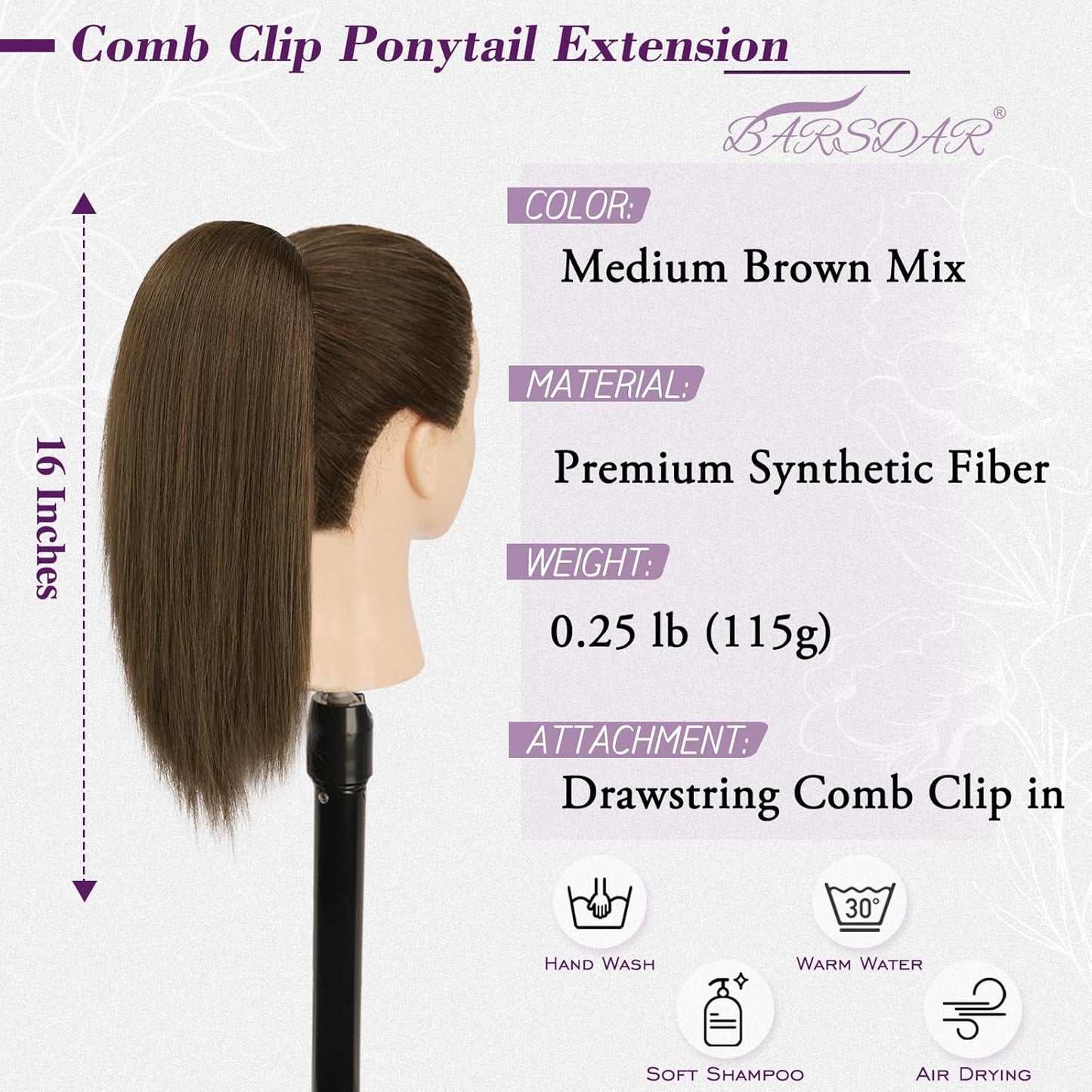 Medium Brown Straight Ponytail Extension - 16 Inch Soft Synthetic Hairpiece for Daily Use | Cheer & Party Style