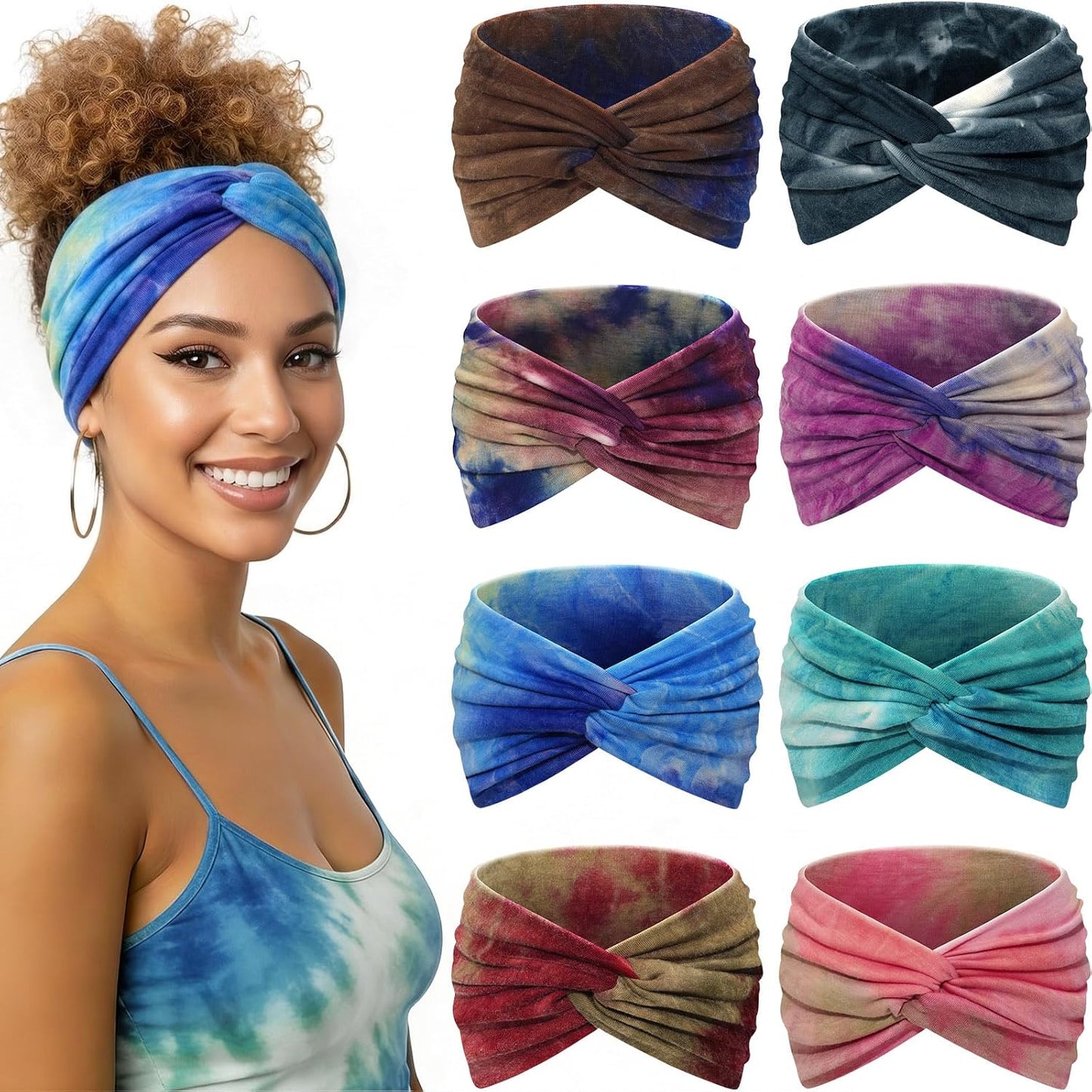 Wide Headbands for Women - 7.08 Inch Thick Boho Turban Hair Wraps | Non-Slip, Moisture-Wicking, 8 Pack Multi Colors