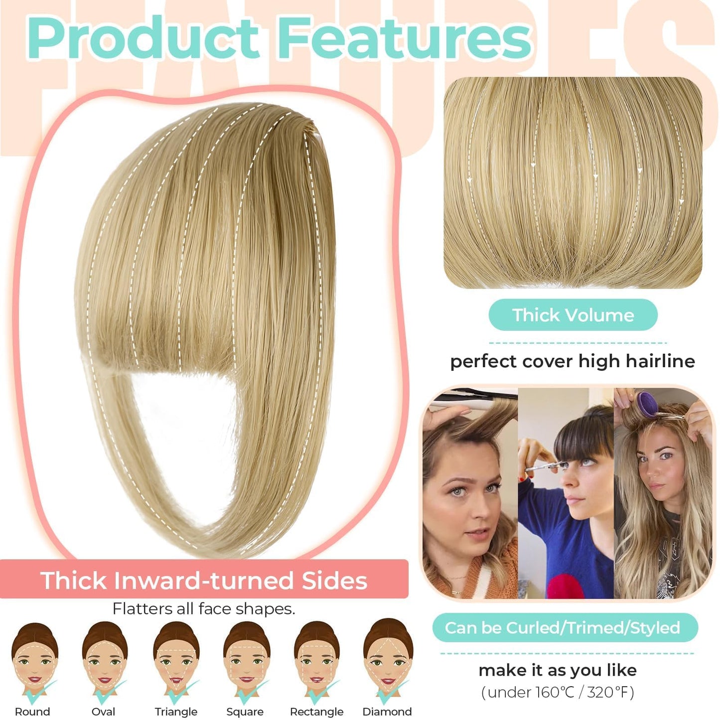 Cephermer Clip in Bangs, Synthetic French Bangs Hair Clip, Fake Bangs Fringe with Temples Hairpieces for Women Natural Curved Hair Extensions for Daily Wear Wintergreen