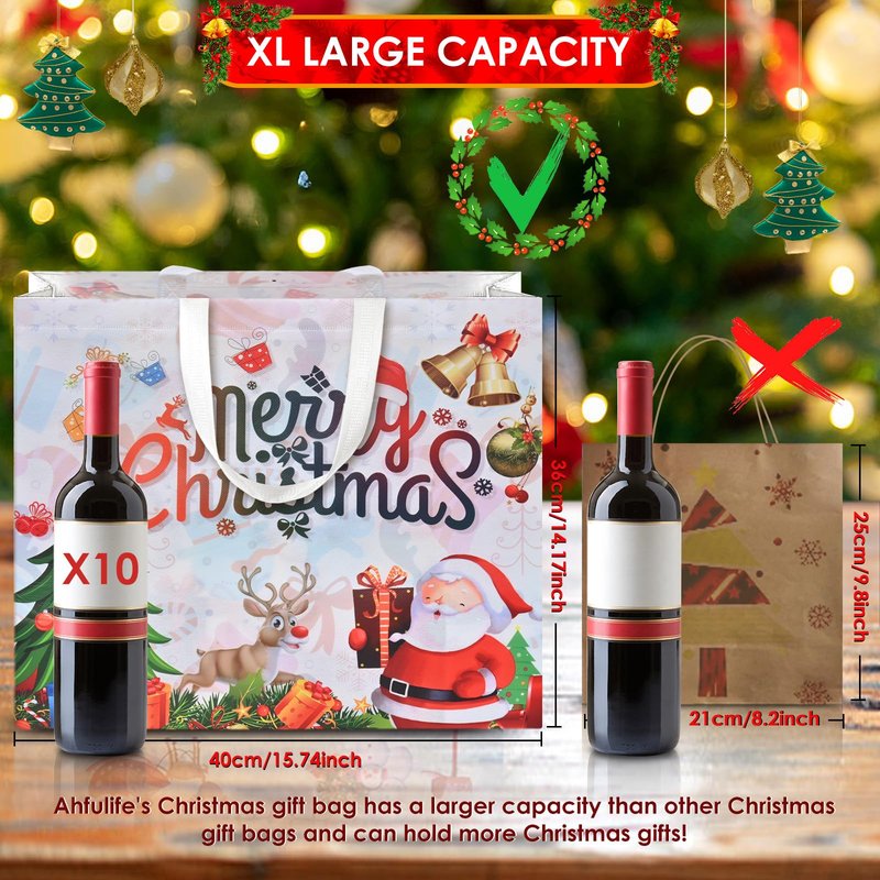 AhfuLife 12PCS Extra Large Christmas Gift Bags, 15.7'' x 14.2''x 5.9'', Christmas Tote Bags with Handles, Non-woven Reusable Shopping Bag for New Year, Xmas's Party Supplies Decorations