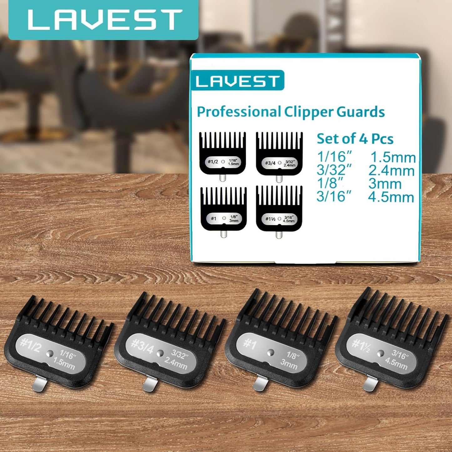 Clipper Guards Set - Compatible with Wahl Clippers | 4-Piece Set, 1/16" to 3/16", Black