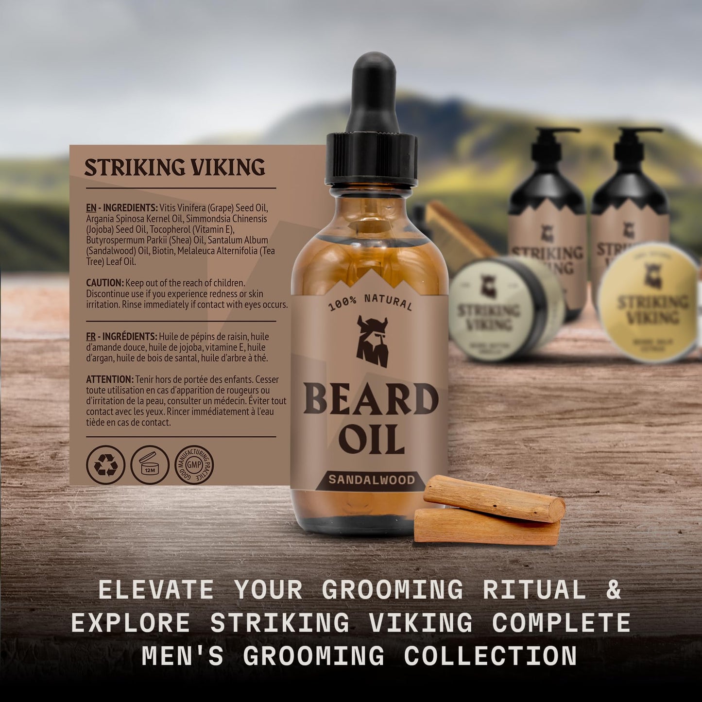 Striking Viking Natural Sandalwood Beard Oil for Men - 2 Fl Oz - Hydrating & Softening Beard Care - Non-Greasy Fast Absorbing with Tea Tree Oil - Nourishing Jojoba & Argan Extracts