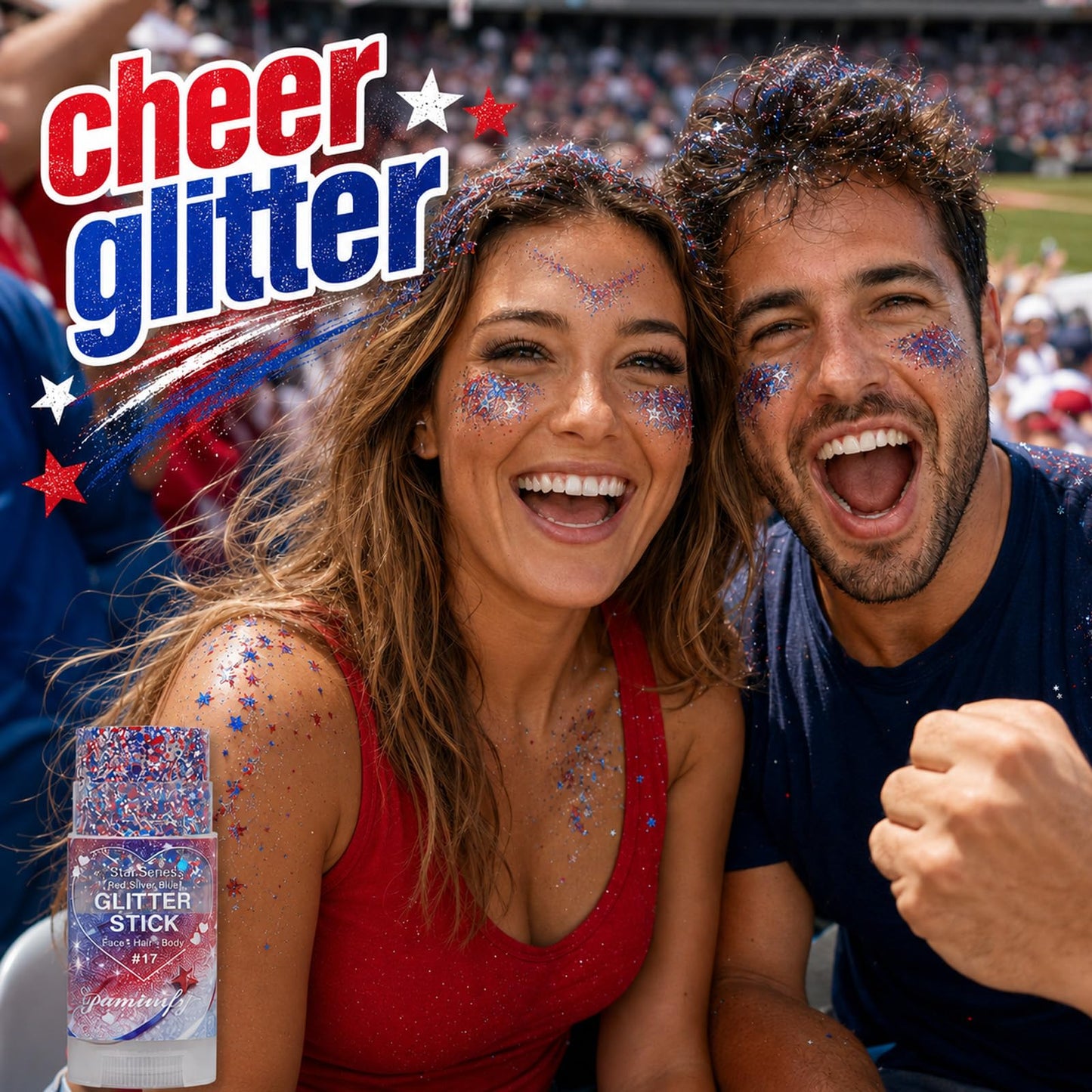 Paminify Red White Blue Hair Glitter Stick,4th of July Patriotic America Stripe Star Face Body Glitter,Fourth of July Accessories,Independence Day Waterproof Cheer Glitter Makeup for Women