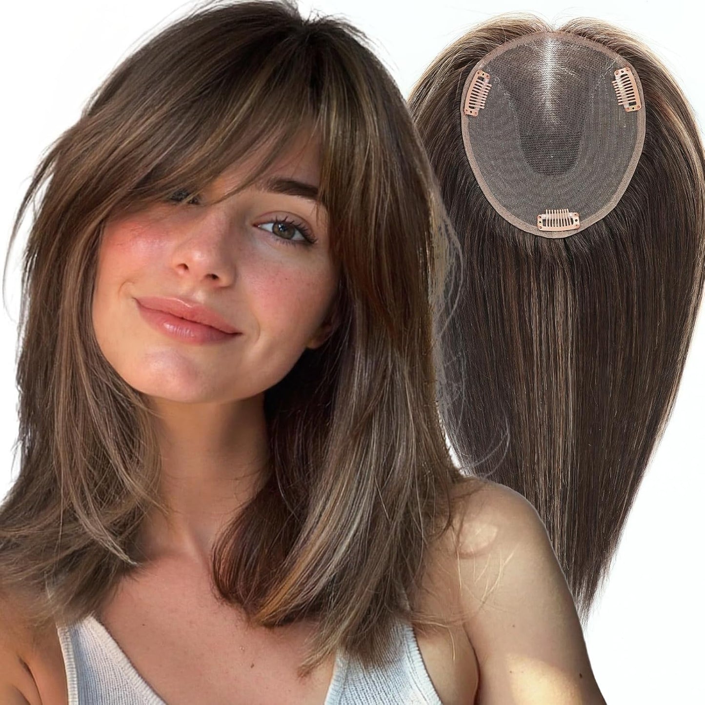 Real Human Hair Toppers for Women - 14 Inch Silk Base, Mixed Brown with Bangs | 60g