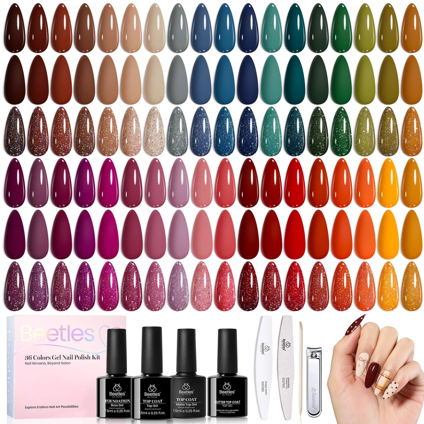 Beetles Fall Gel Polish Set - Waltz of Leaves Collection, 36 Autumn Colors Purple Green Colors Gel Polish Set With Base and Glossy Matte Glitter Top Coat Soak Off UV Led Gifts for Women