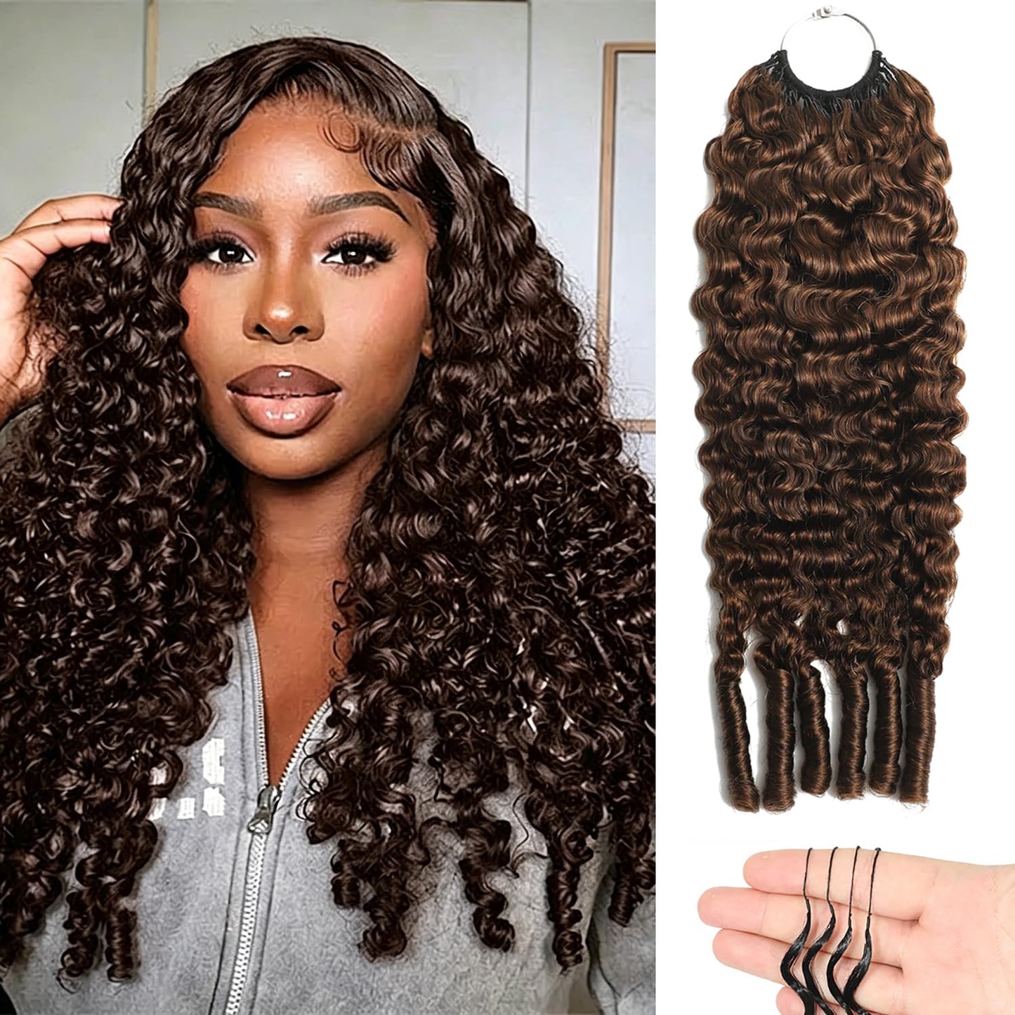 Burmese Curly Feather Crochet Human Hair 20 Inch Chocolate Brown 4# Color Miracle Knots Pre-Separated 50 Strands 60g Human Crochet Hair for Black Women Lightweight Invisible Extensions