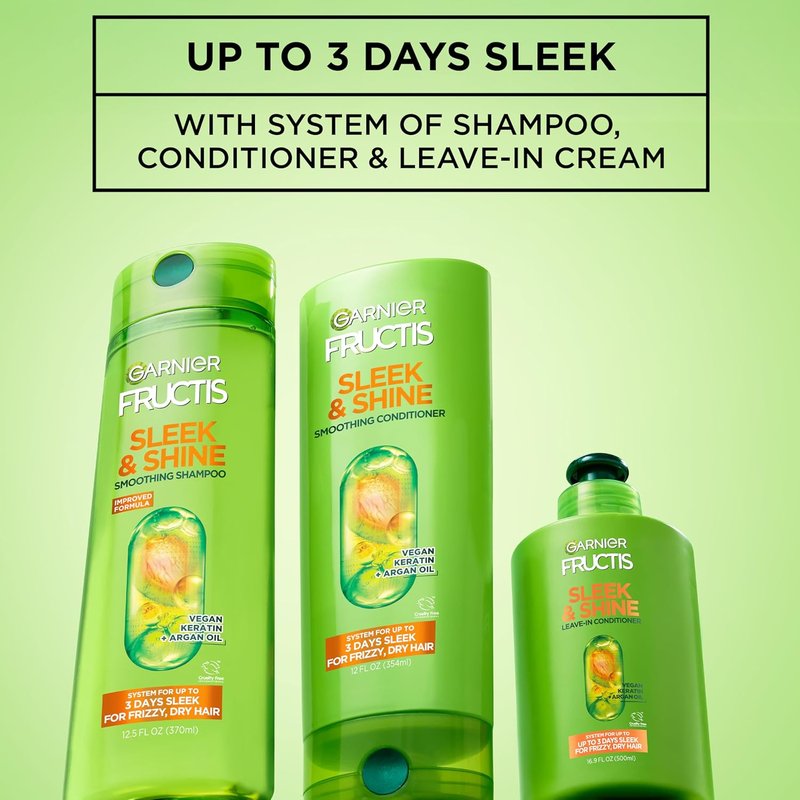 Garnier Fructis Sleek & Shine Leave-In Conditioner - Smooths Frizzy Hair with Plant Keratin & Argan Oil | 10.2 Fl Oz (Pack of 2)