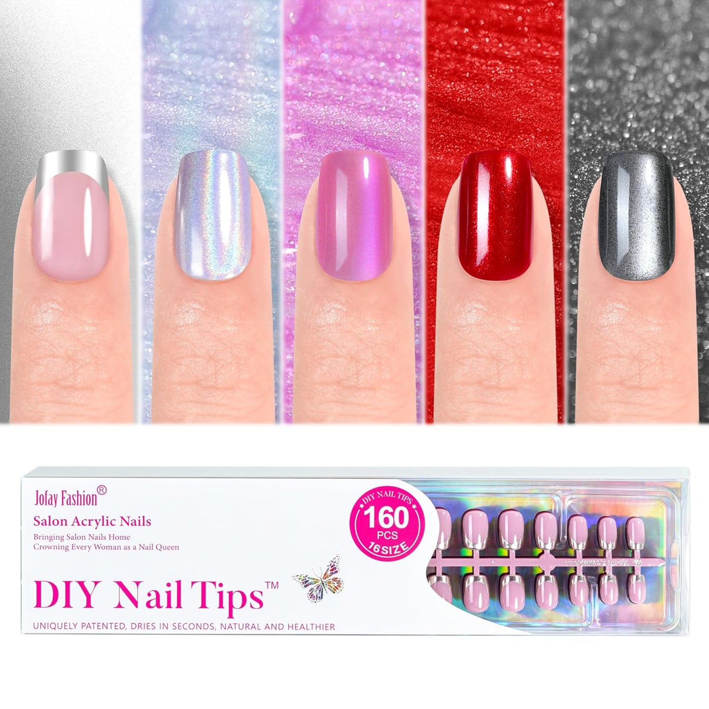 Press On Nails - Short 5 Styles | 160Pcs Acrylic Fake Nails with Chrome, Rainbow & Cat Eye Designs