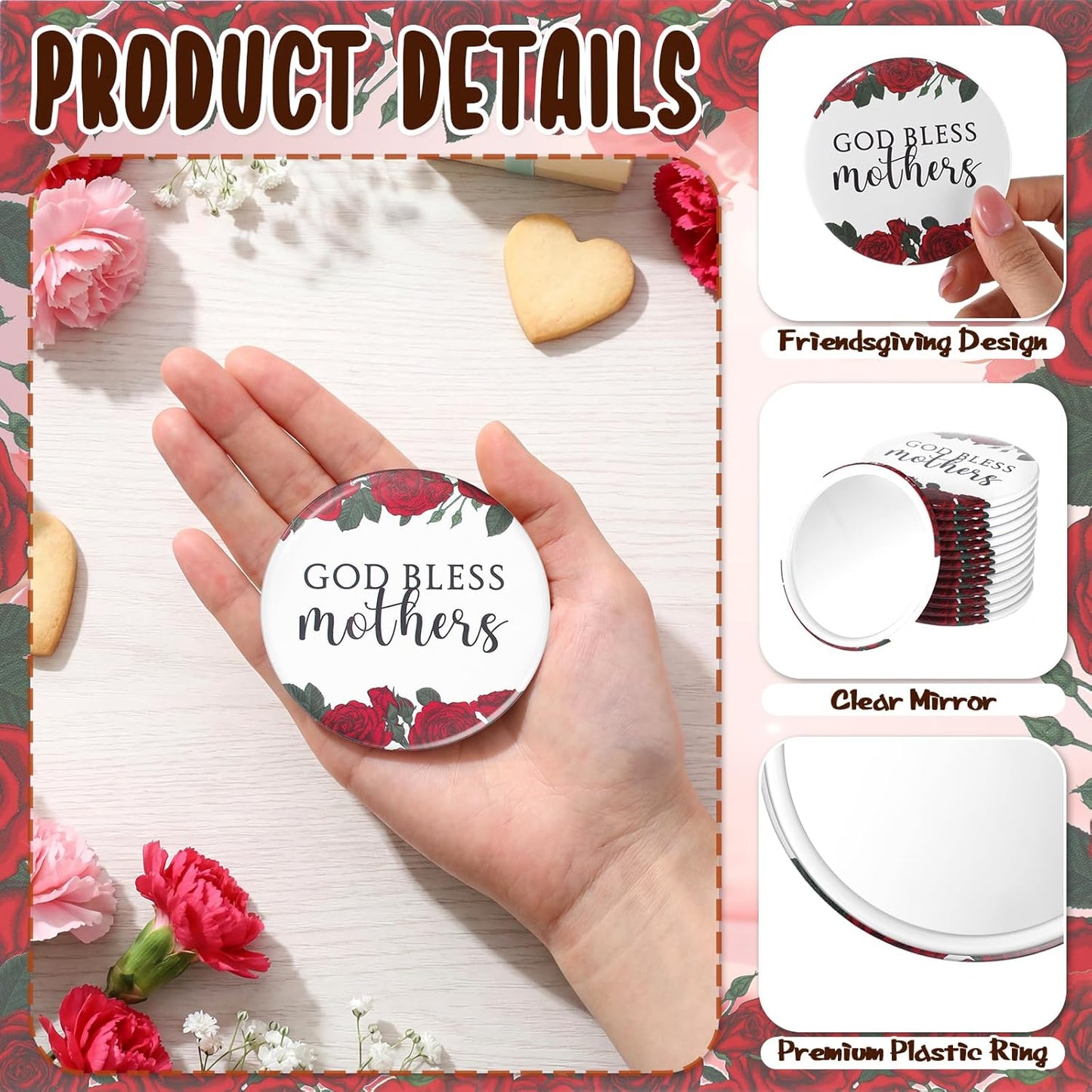 Compact Mirrors for Mother's Day - 25 Pcs God Bless Mothers with Prayer Cards | Christian Gifts for Women, Moms (Rose)