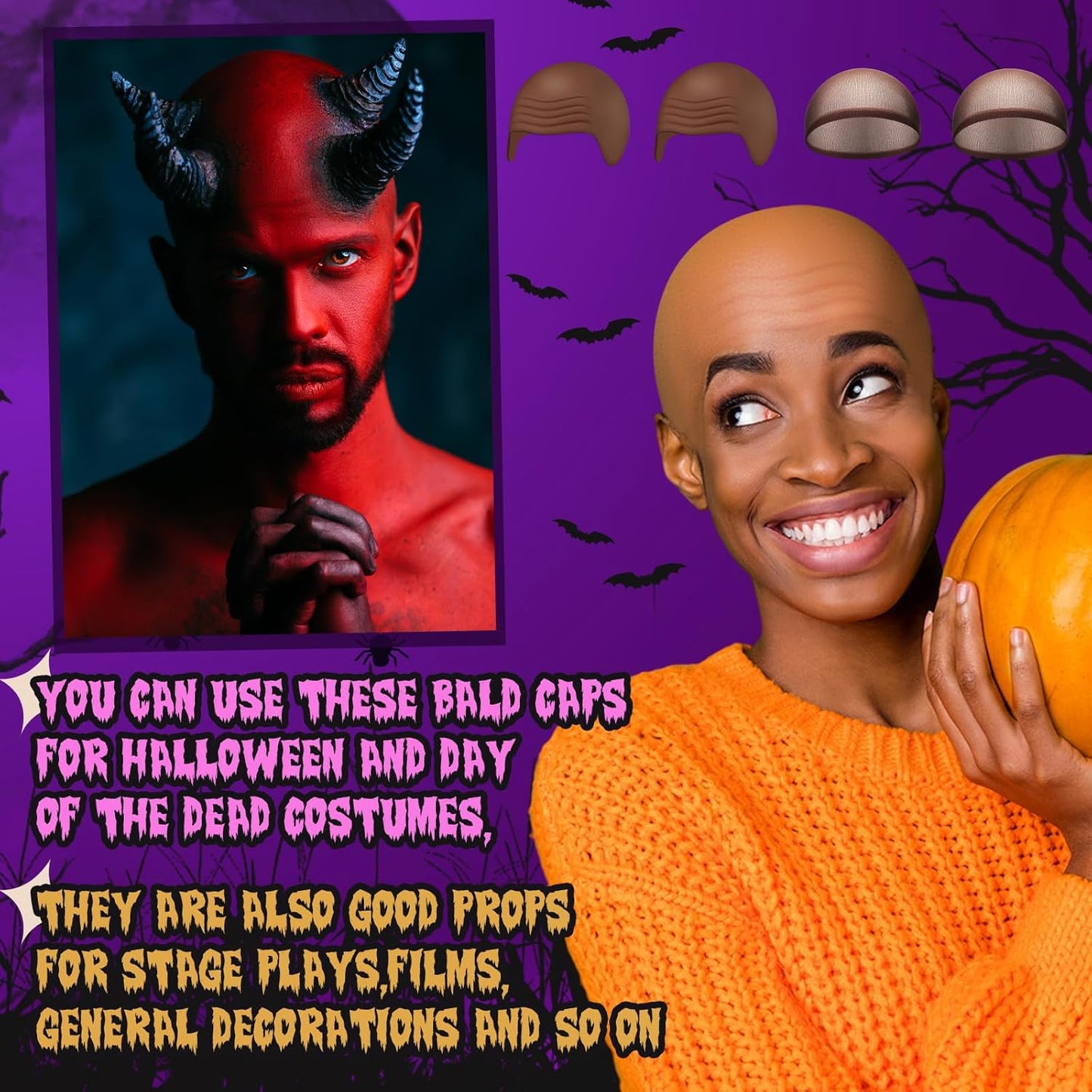 Halloween Bald Caps - Latex Wig Cap for Costume | 4-Pack Dark Brown, Large