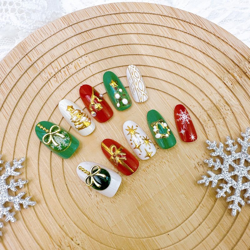 30pcs Winter Christmas Press on Nails Medium Almond Fake Nails with 3D Gold Christmas Tree Bow Star Rhinestones Design Xmas Snowflake False Nail New Year Full Cover Stick on Nails for Women