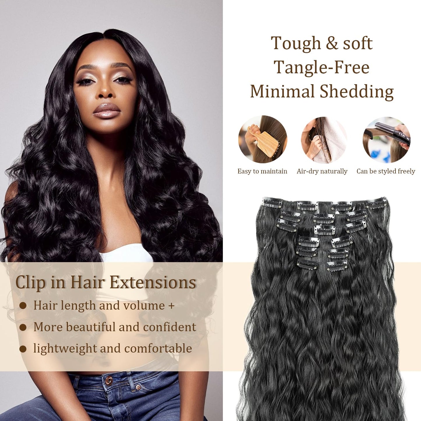 #1B Long Wave Clip in Hair Extensions Real Human Hair, 16 Inch 120g/7Pcs,Full Shine Remy Human Hair,Natural Black Clip ins Brazilian Virgin Human Hair Extensions