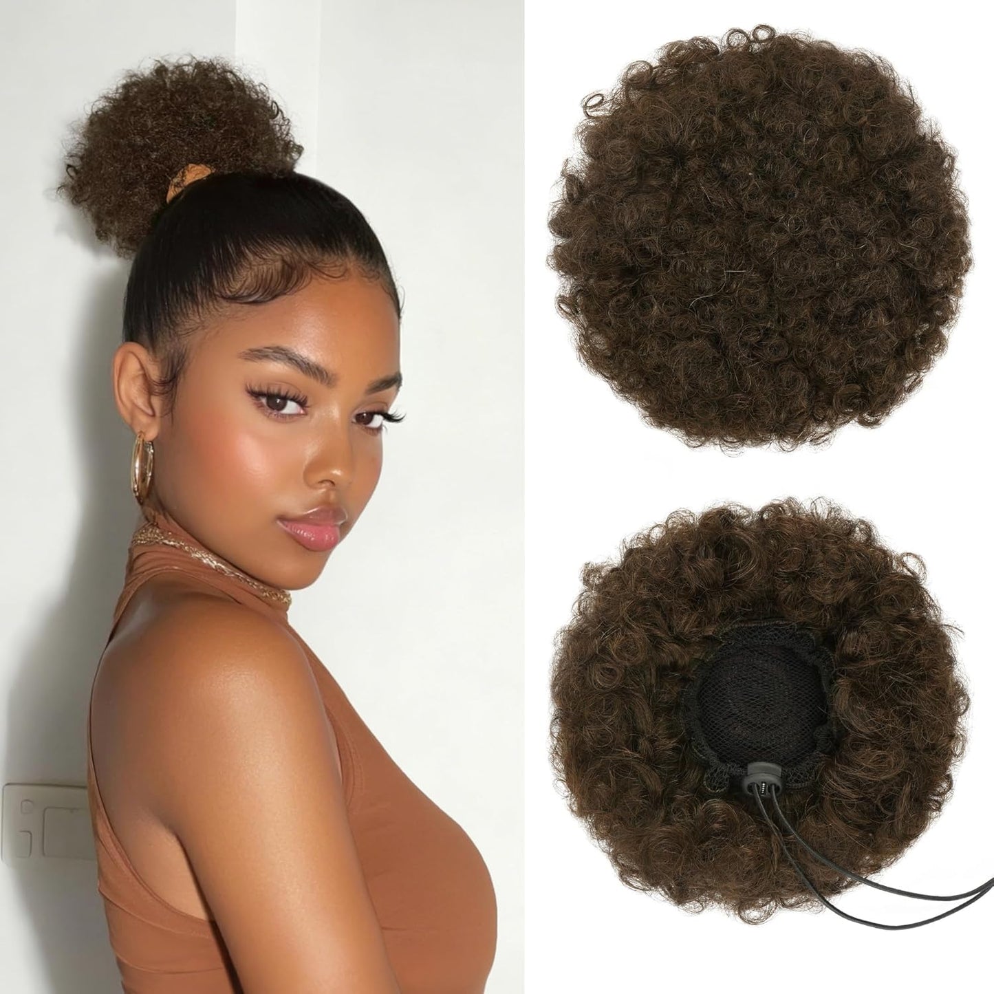 Human Hair Afro Puff Drawstring Ponytail - Kinky Curly Short Extensions for Black Women | Medium Size - 1B Natural Black