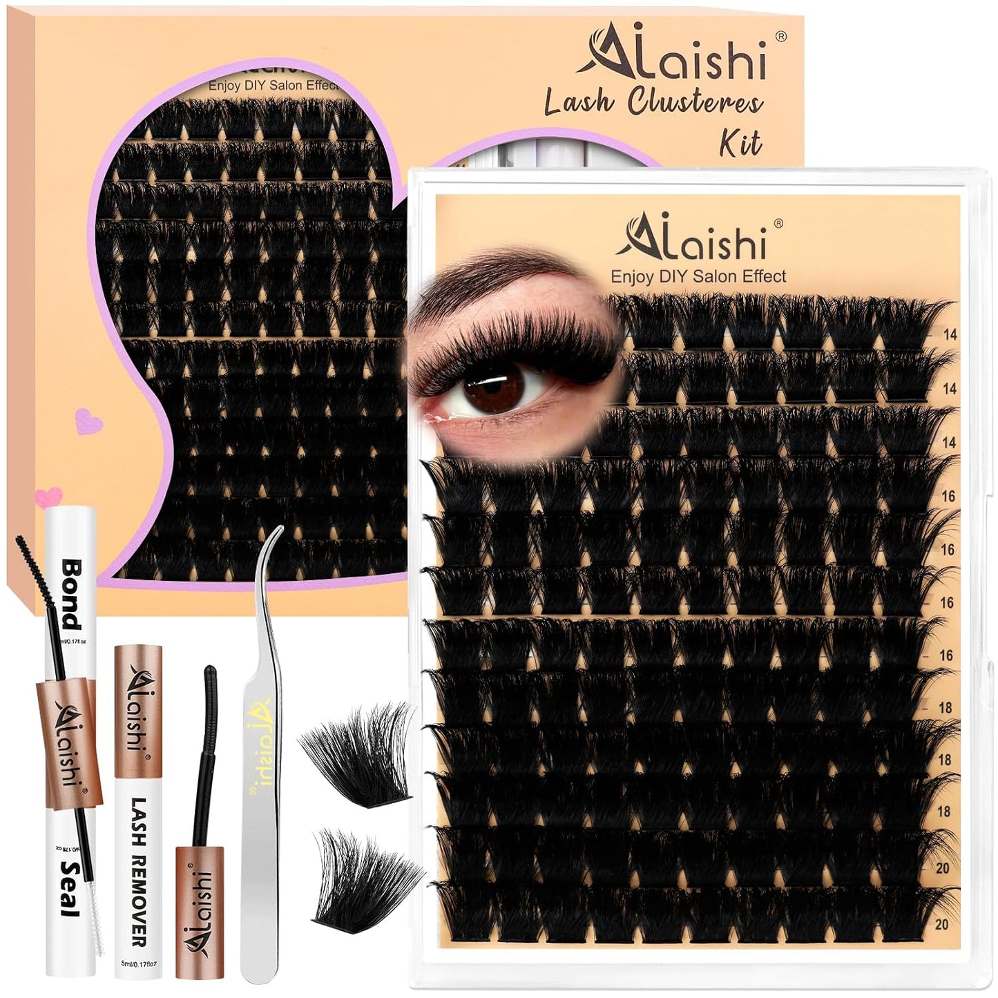 DIY Cluster Eyelash Extensions Kit - 224pcs Fluffy D Curl Lashes | 9-16mm, Bond & Seal, Tweezers Included