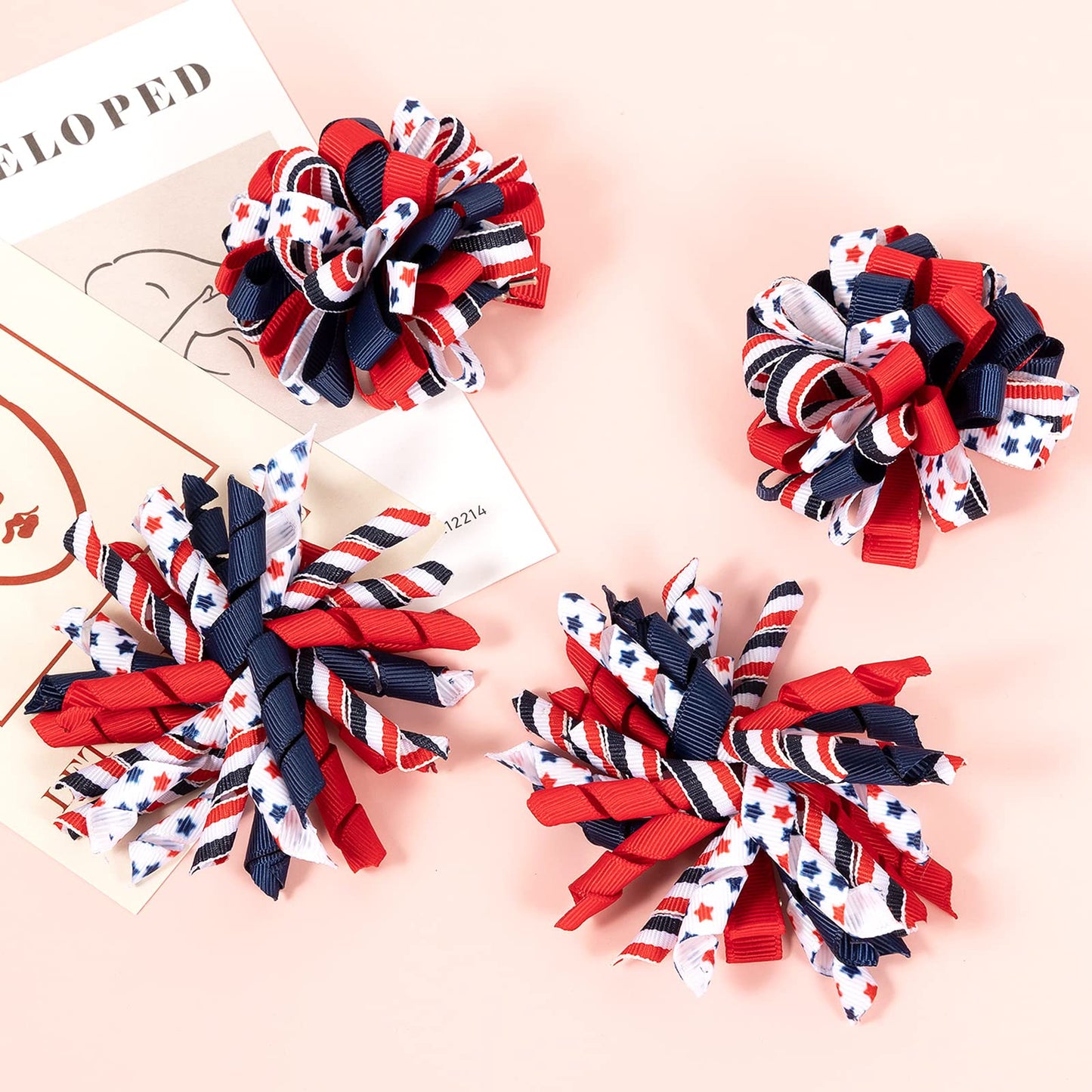 4th of July Korker Hair Bow Clips Girls Patriotic Curly Corker Cheer Bow Alligator Barrettes Red White Blue Stars Stripes Ribbon Accessories Teens Xmas Gift