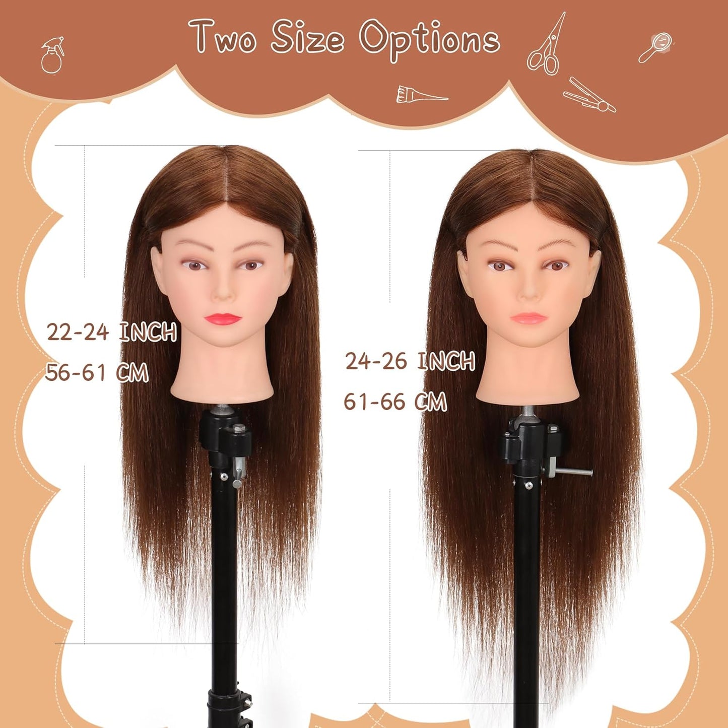 Human Hair Mannequin Head - 22"-24" Cosmetology Training Head with Tripod Stand & Clamp Holder for Styling, Braiding, Cutting