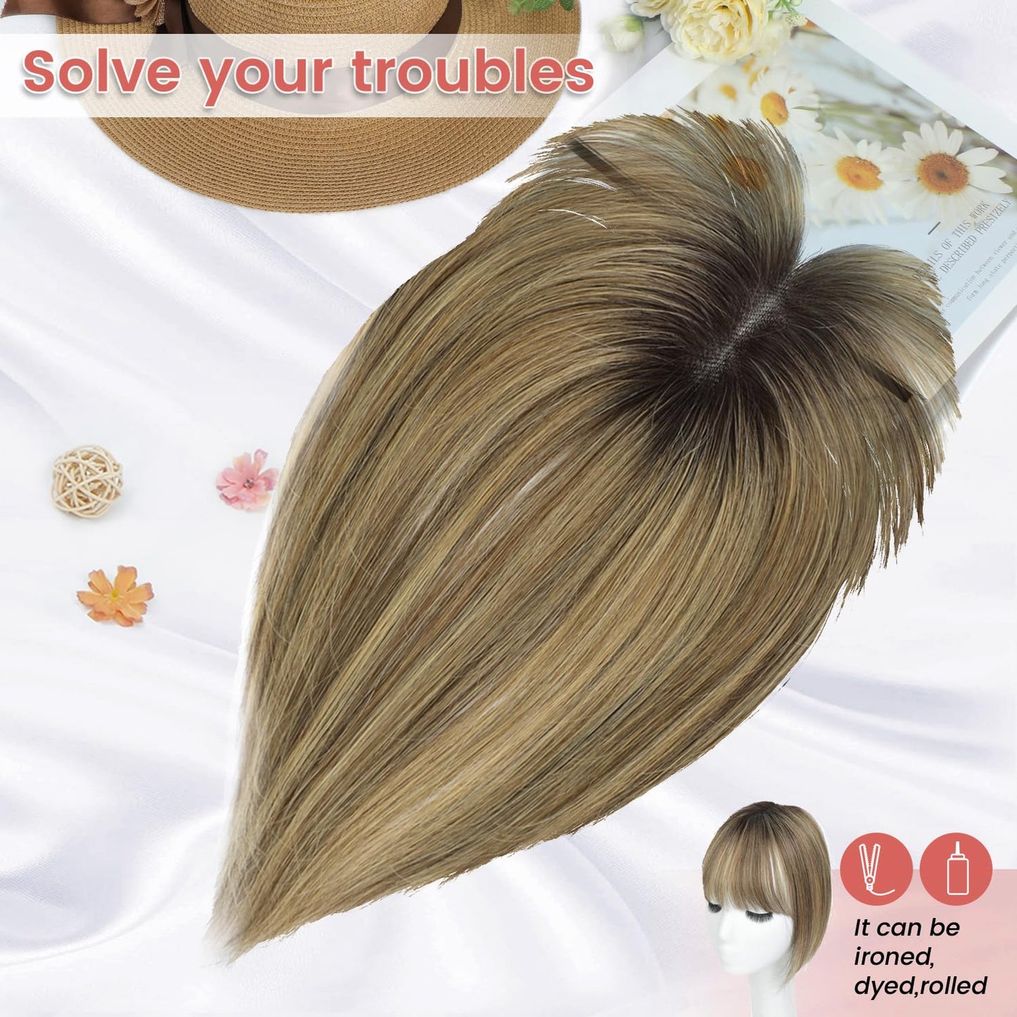 YAMI Human Hair Toppers for Thinning Hair - 10" Bangs Hairpiece | Medium Brown Mix with Dark Brown Root
