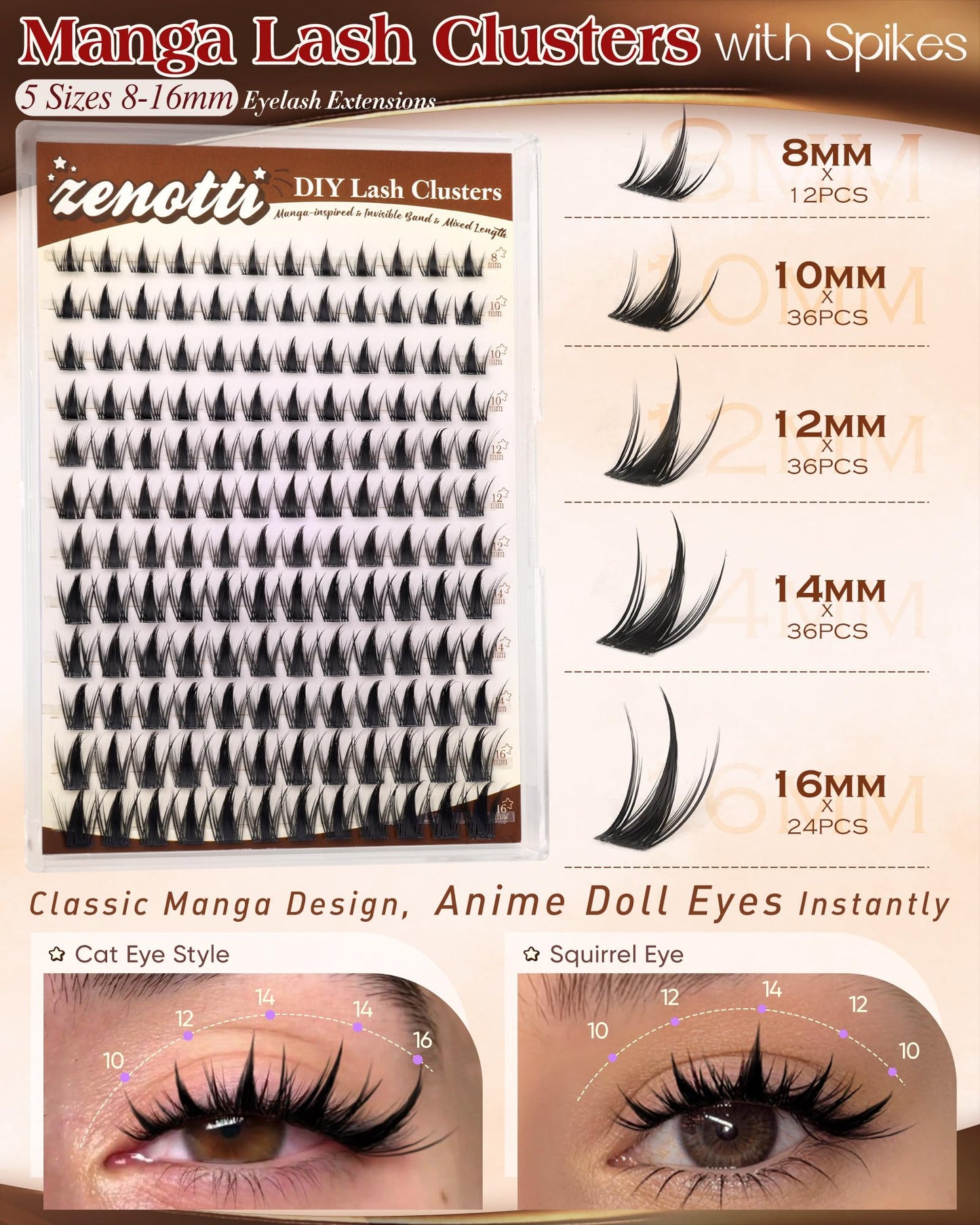 Manga Lash Clusters Natural Anime Lash Clusters with Spikes Fairy Cluster Eyelash Extensions Wispy Spiky Cosplay Individual Lashes with Invisible Band C Curly Doll Lash Extension 8-16MM by zenotti