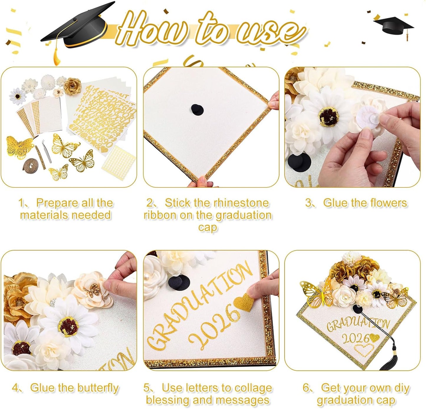 DIY Graduation Cap Decorations Kit - 43 PCS with Faux Flowers, 3D Butterflies & Rhinestone Stickers | Perfect for 2026 Grad Party (White)