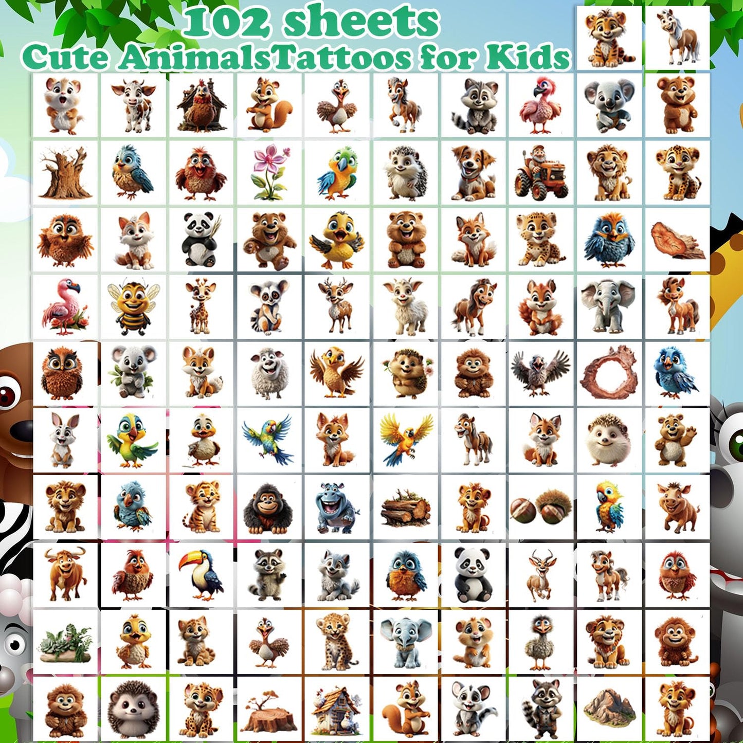 102 PCS Individually Wrapped Cute Animals Temporary Tattoo for kids - Animals Temporary for Girls Boy Body Arm Shoulder Cute Tattoos Stickers, Birthday Party Supplies Gifts for Kids
