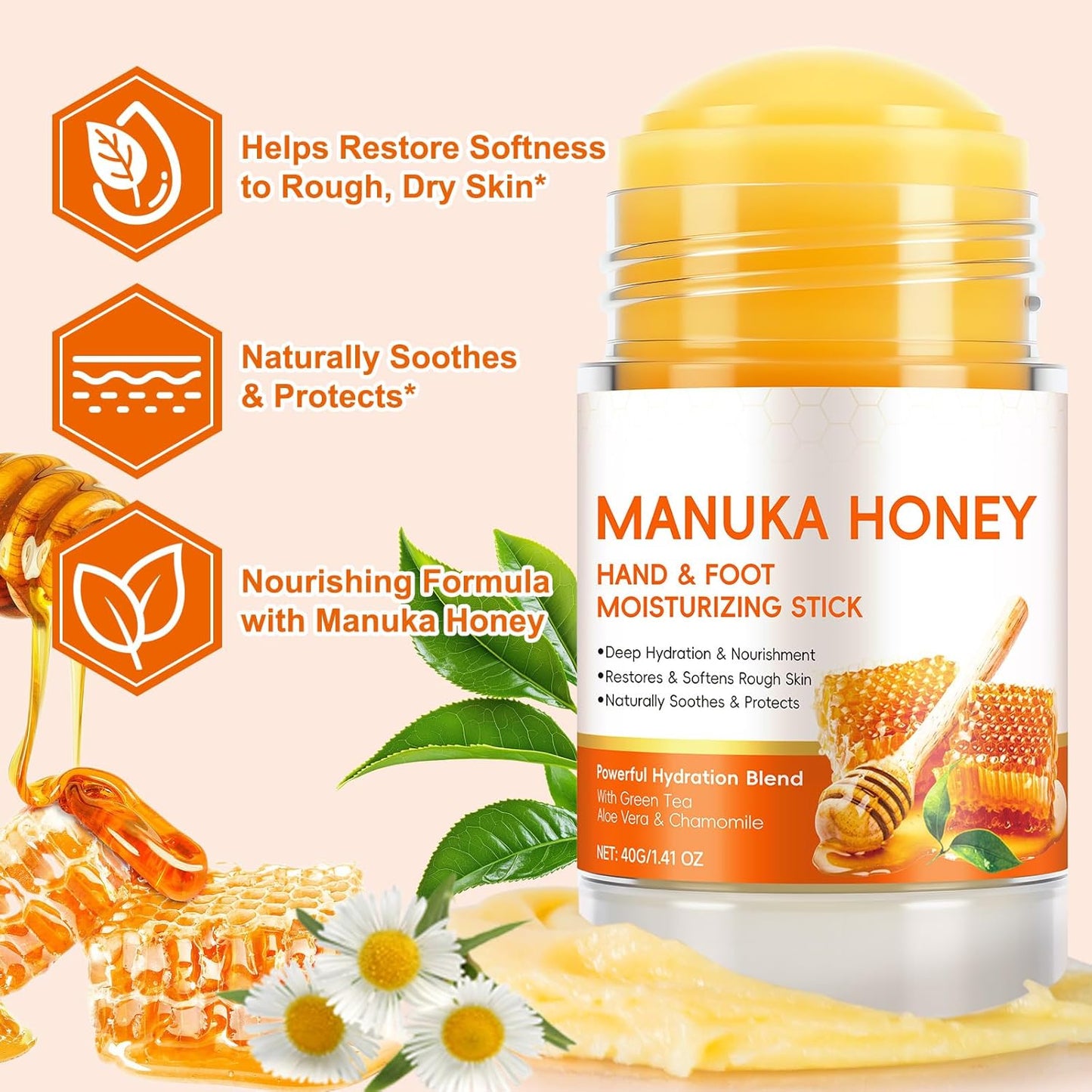 Manuka Honey Moisturizing Stick - Nourishing Foot & Hand Cream for Dry Cracked Skin | Portable 40g/1.41oz with Shea Butter & Aloe Vera