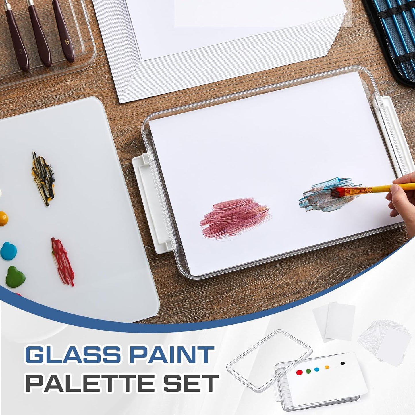 Tempered Glass Palette for Oil Painting - 9 x 12 Inch Airtight Container with 40 Sheets Disposable Paper for DIY Color Mixing