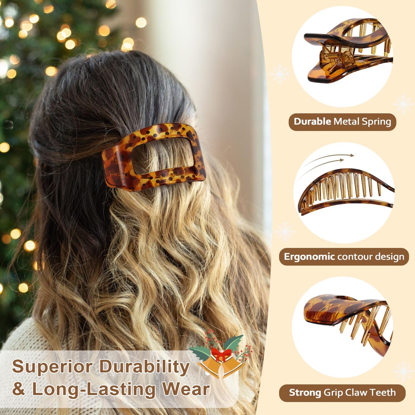 6 PCS Flat Hair Clips for Women, Large French Flat Claw Clips for Thick Thin & Curly Hair, Strong Hold Non Slip Leopard Print Jaw Clips Hair Accessories for Girls Valentine's Day Gifts, Tortoise