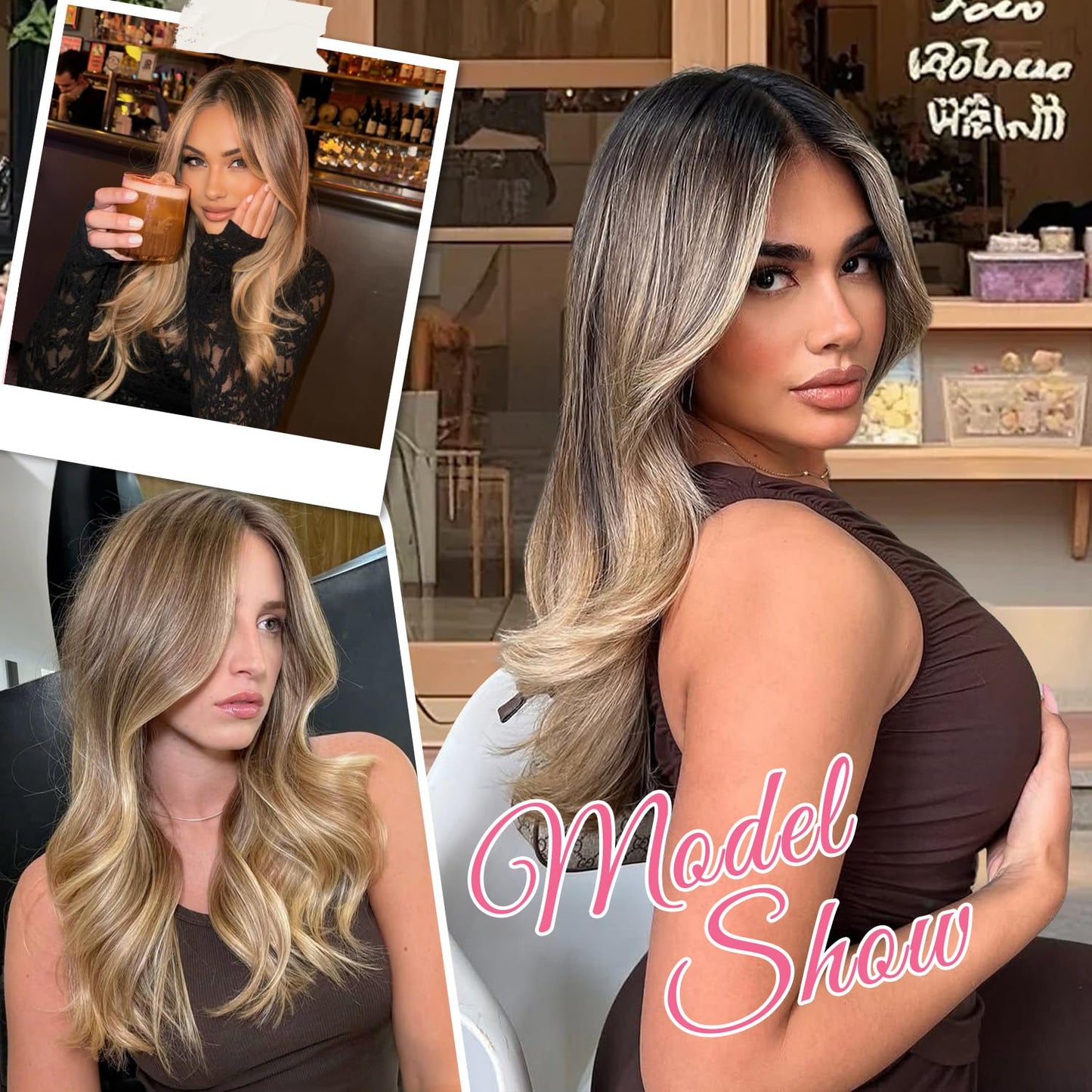 18 Inch Body Wavy Hair Topper for Women - Synthetic Clip-In, Natural Part, Dark Brown Root to Blonde Ombre with Highlights