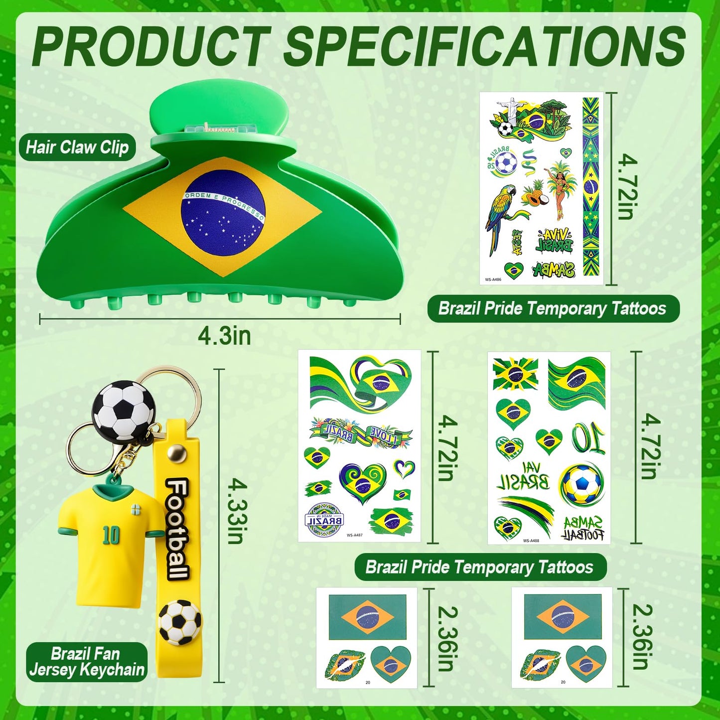 ANFONG Brazil Hair Claw Clip, World Cup 2026 Merchandise Gifts Set: World Cup Hair Accessories, Soccer Keychain & Brazil Flag Tattoos for Women Game Day Parties, Stadium Looks