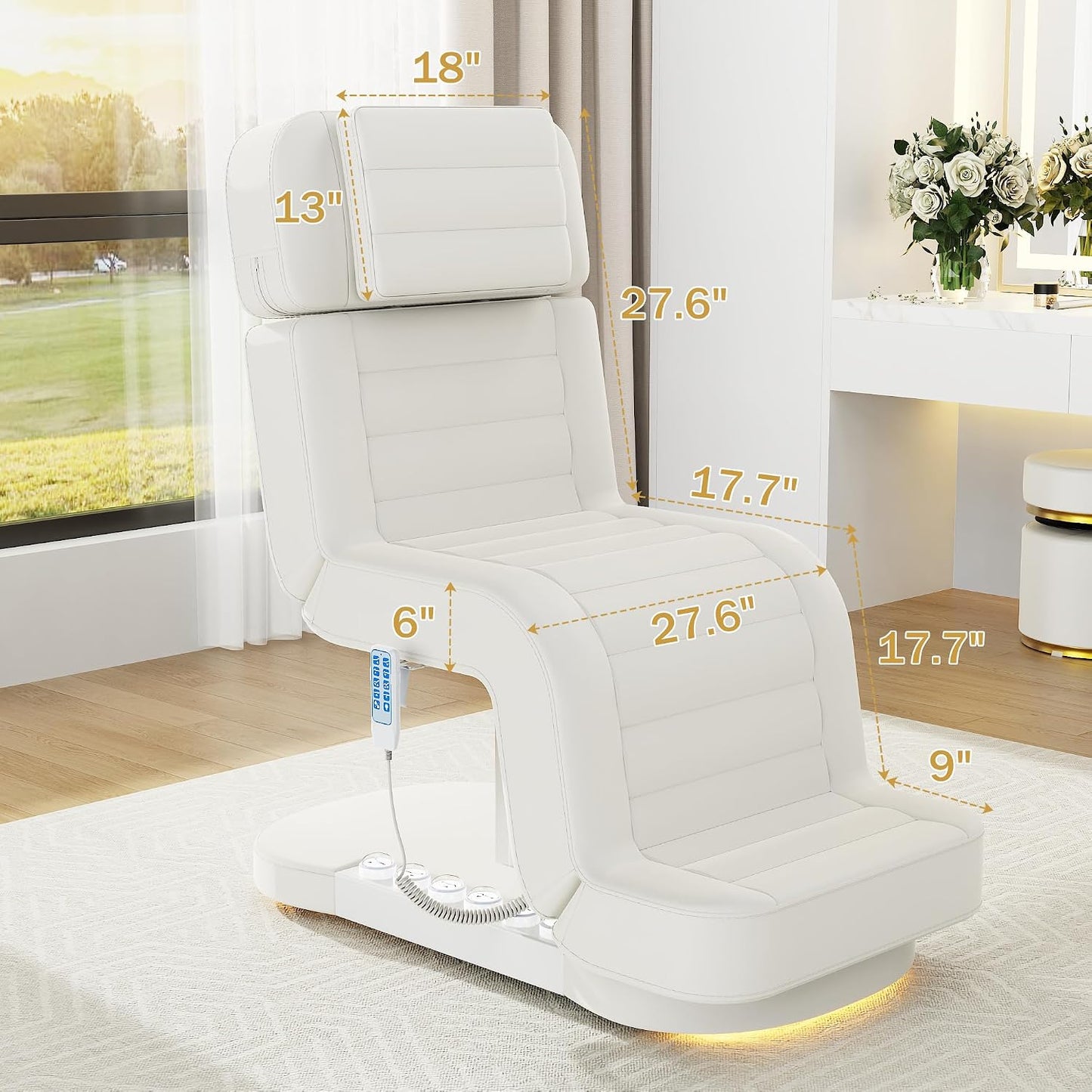 Electric Spa Table with LED Light - 3 Motor Adjustable Height, Backrest & Leg Support | White for Massage, Facial & Beauty Treatments