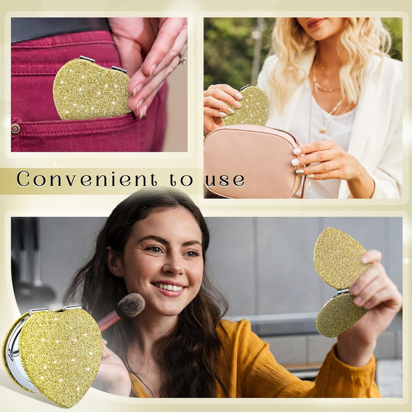 Heart Glitter Compact Mirror - Gold Magnifying 1x/2x PU Leather | Perfect Gift for Women, Bridal Showers & Weddings
